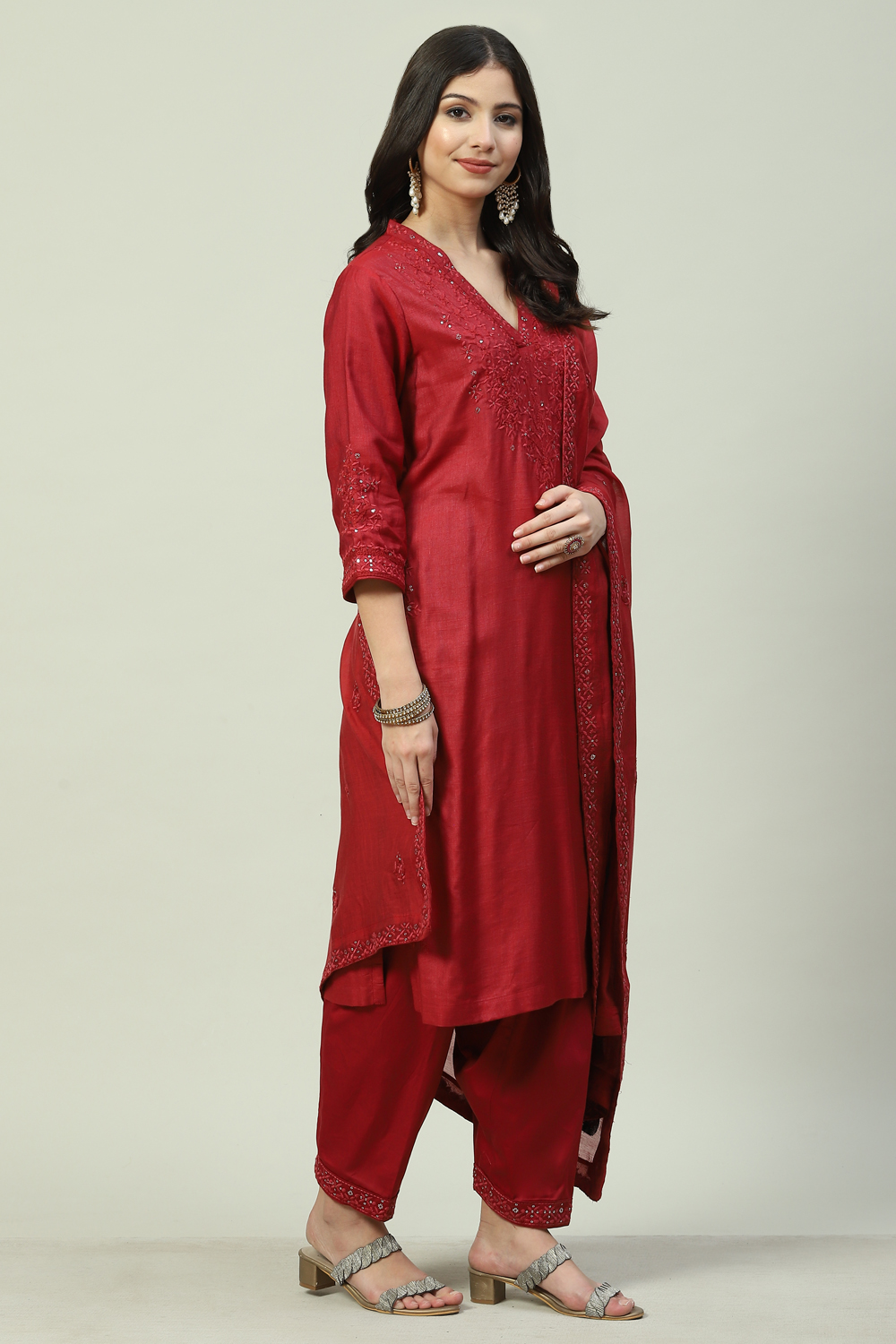 Cherry Red Cotton Straight Kurta Salwar Suit Set image number 5