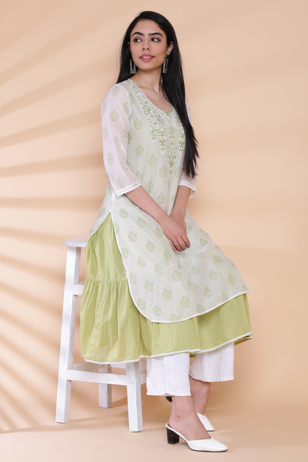 Off White And Green Chikankari Printed Kurta image number 0