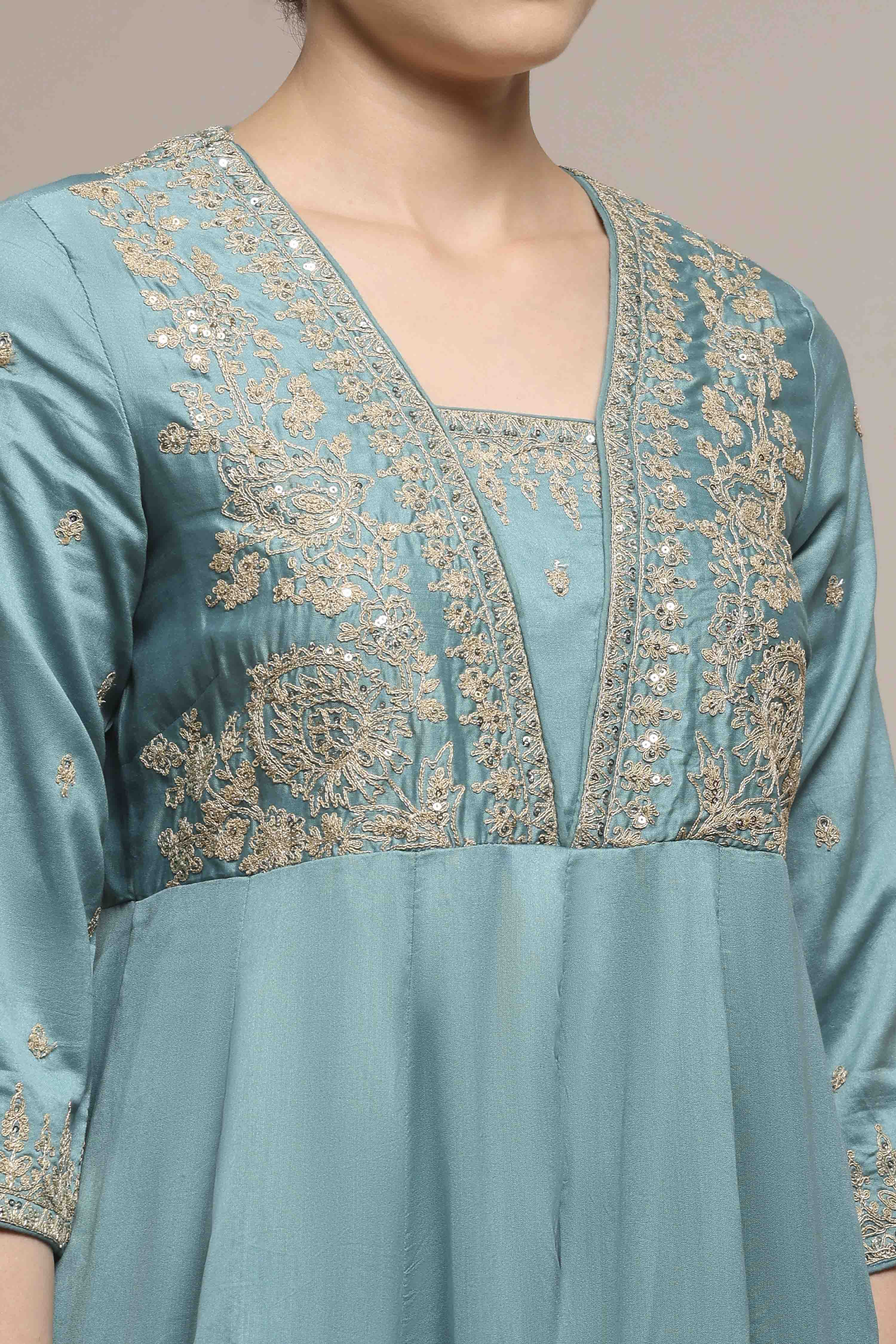 Blue Silk Chanderi Anarkali Suit Set image number 1