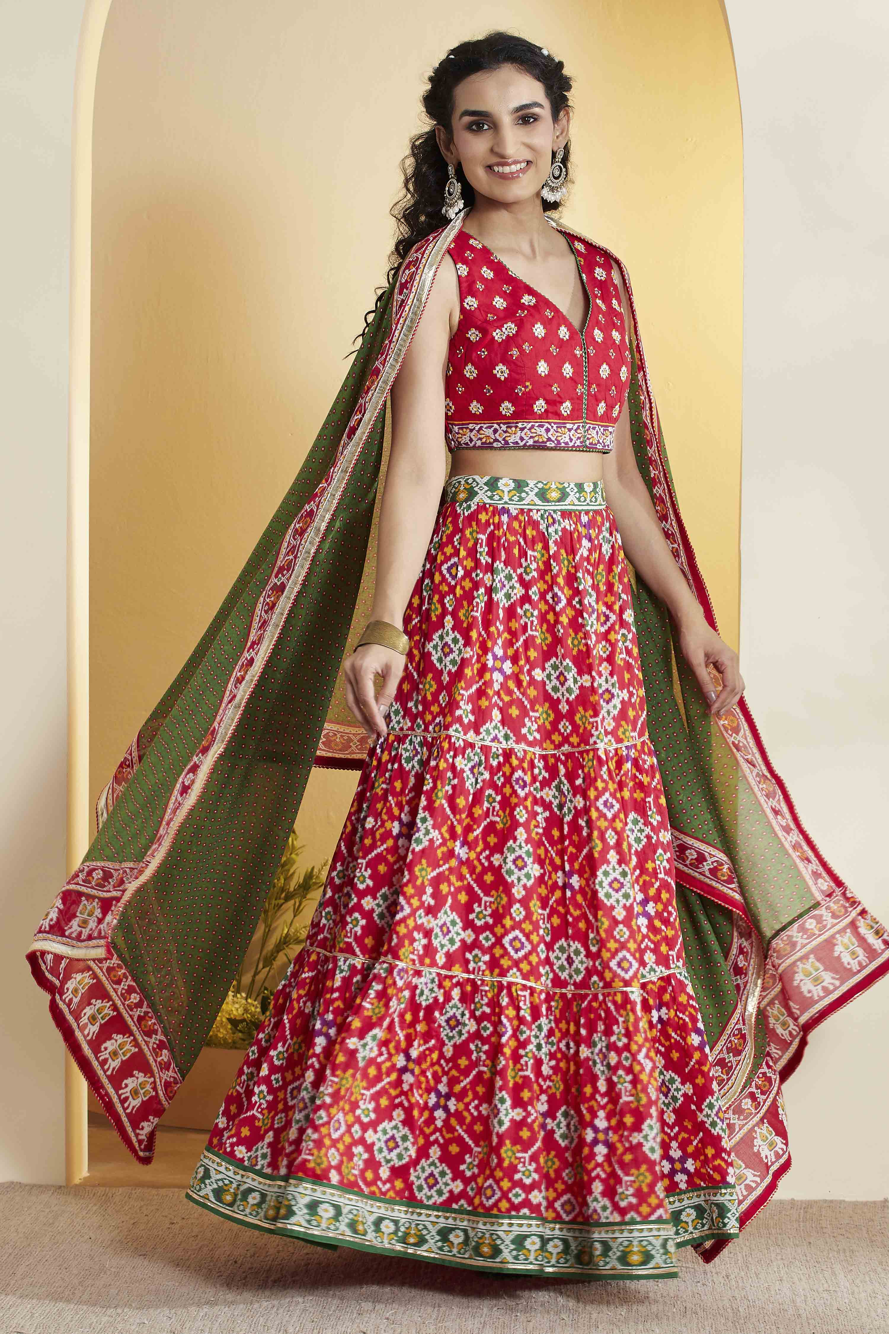 Red Cotton Gathered Lehenga Set image number 0