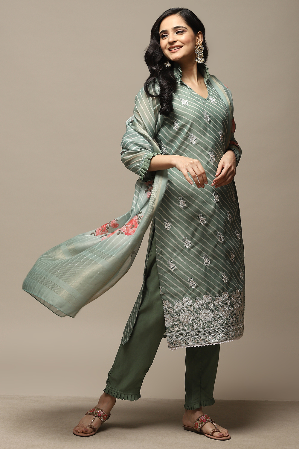 Green Cotton Digital Print Unstitched Suit Set image number 1