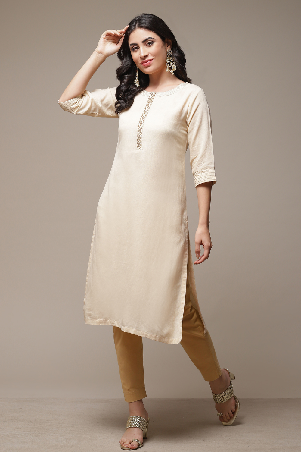 Beige LIVA Straight Kurta image number 0