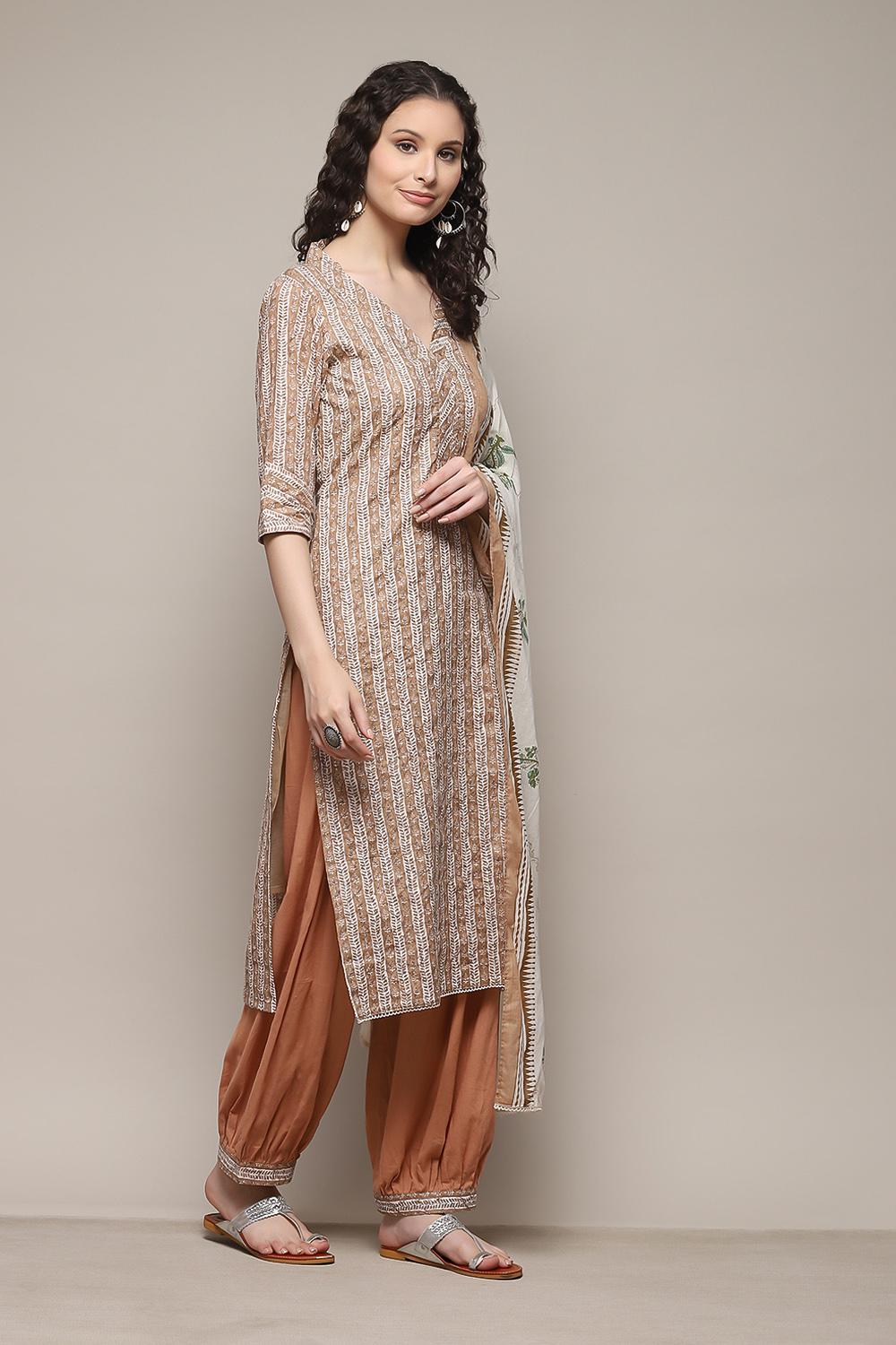 Beige Cotton Printed Unstitched Suit Set image number 7