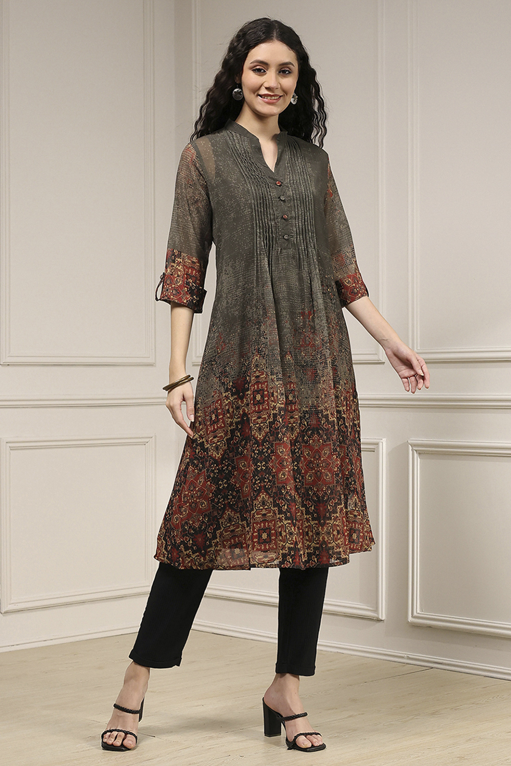 Charcoal and Rust Printed Pleated A-Line Kurta image number 0
