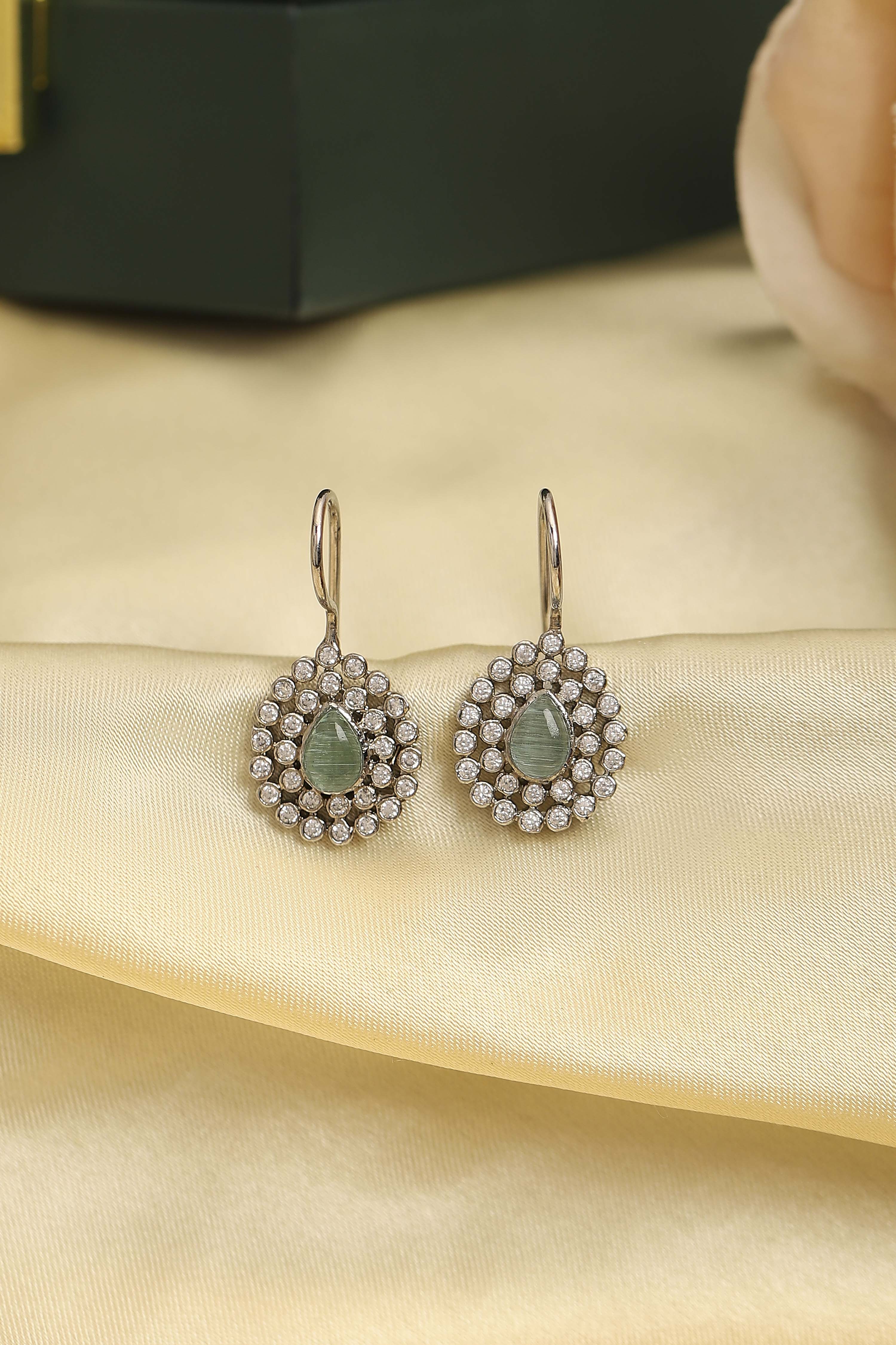 Green Silver Plated Brass Studded Drop Earrings image number 0