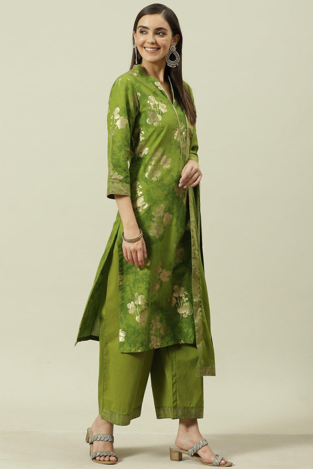 Peach Printed Cotton Straight Kurta Palazzo Suit Set image number 6