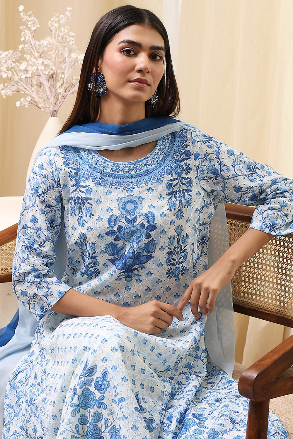 Off-White and Blue Cotton Floral Kalidar Suit Set image number 0