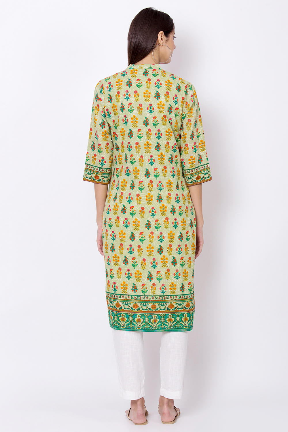 Green Cotton Front Slit Printed Kurta image number 4