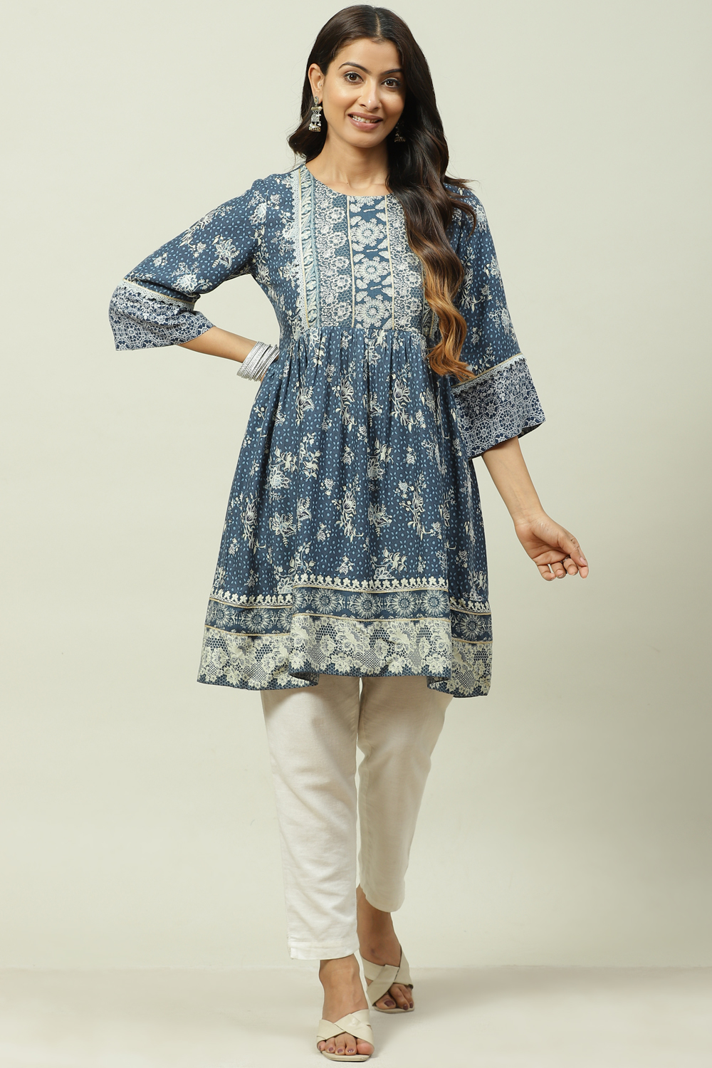 Navy LIVA Flared Printed Kurti image number 0