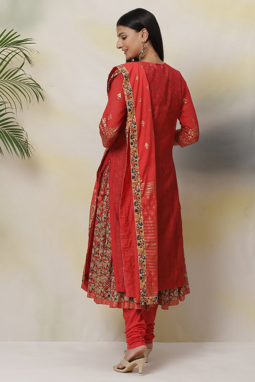 Red Art Silk Double Layered  Kurta Churidar Suit Set image number 9