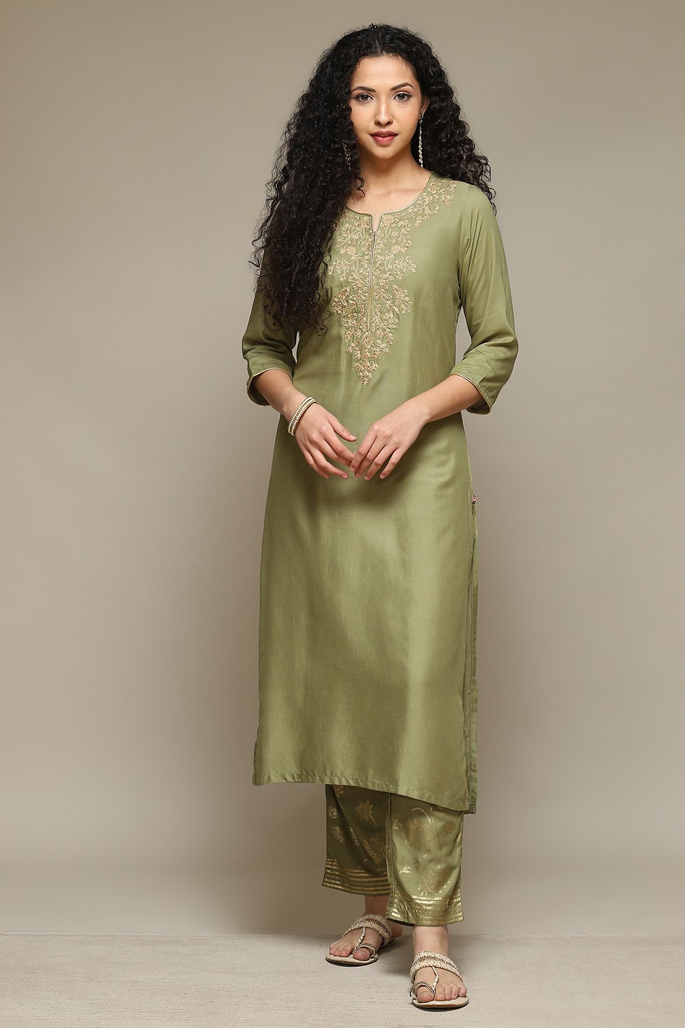 Sap Green Rayon Straight Kurta Palazzo 2 Piece Set image number 6