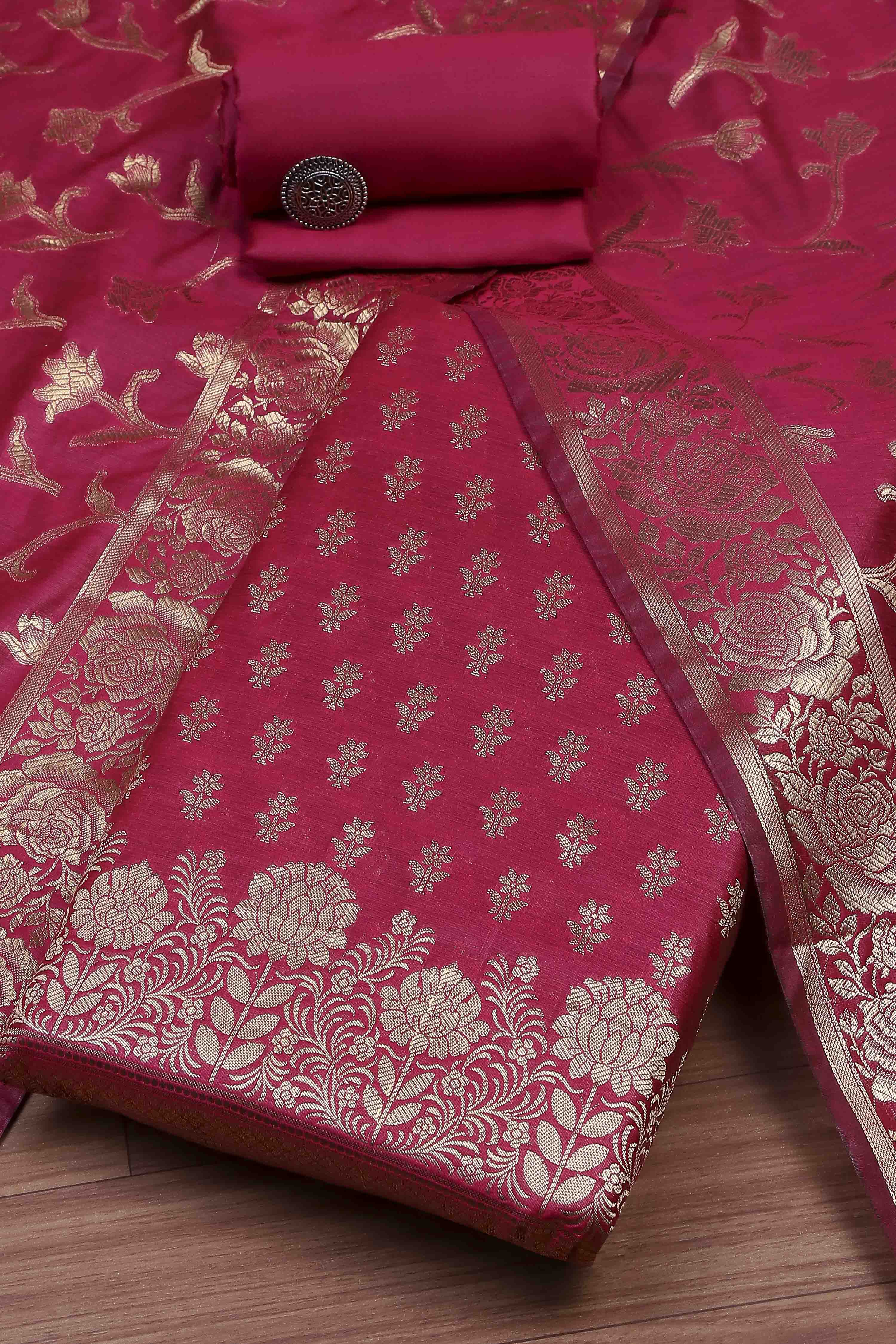 Yellow Banarasi Chanderi Banarasi Print Unstitched Suit Set image number 0