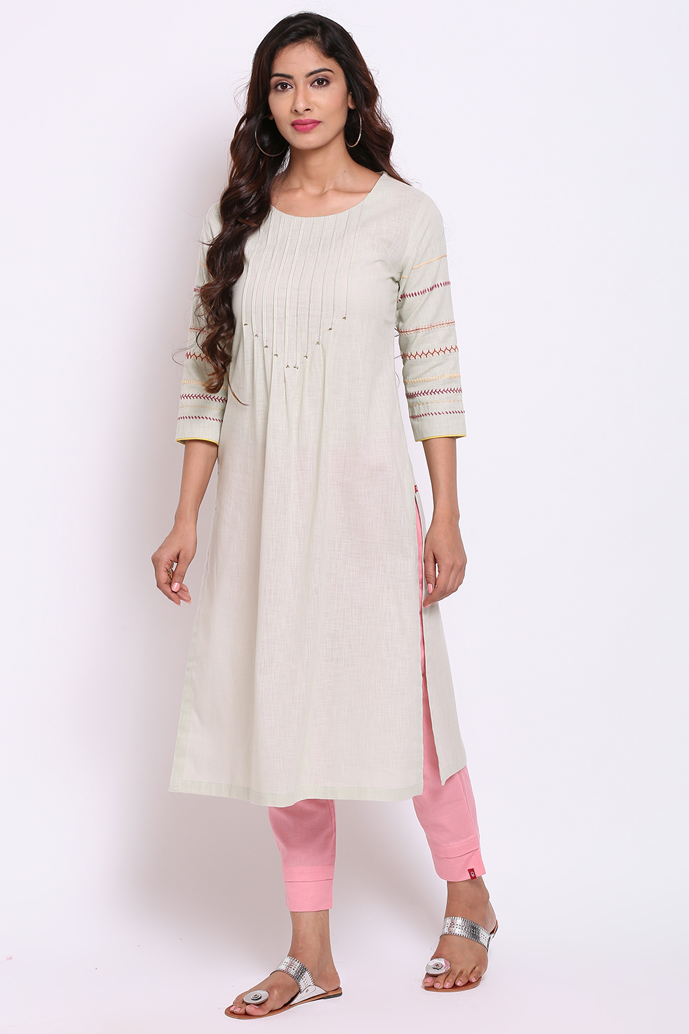 Mint Green Cotton Flax Kurta image number 2