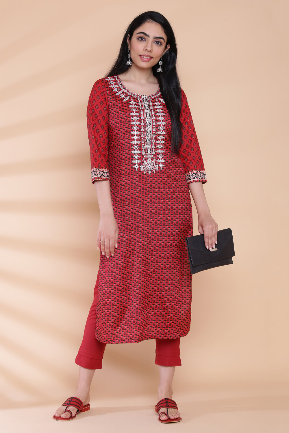 Terracotta Red Viscose Straight Printed Kurta image number 4