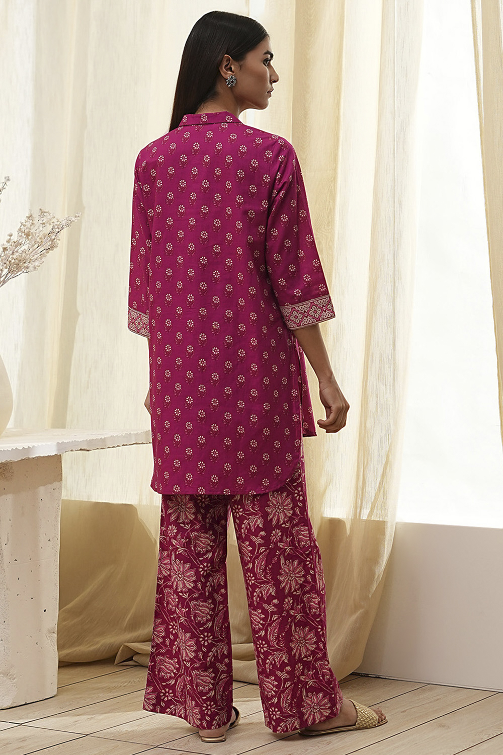 Plum Red Cotton Printed Kurta Set image number 4