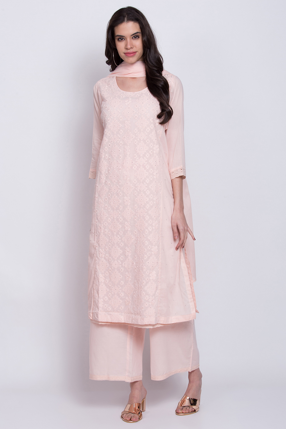 Peach Cotton Chikankari Kurta Palazzo Suit Set image number 0