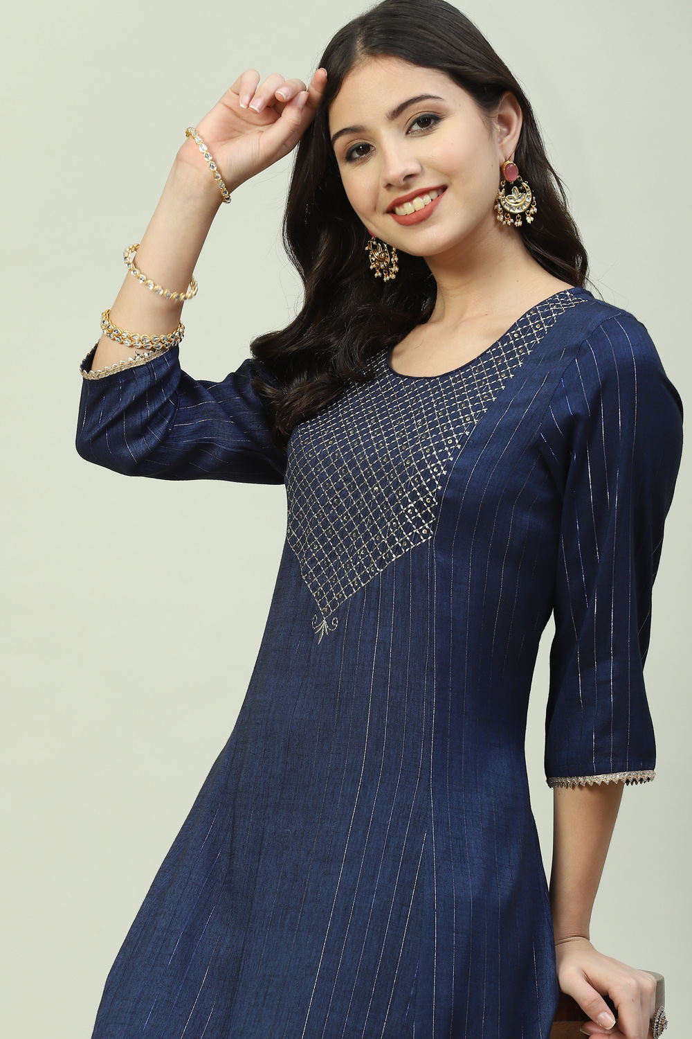 Navy Blue LIVA Metallic Straight Kurta Pants Suit Set image number 3