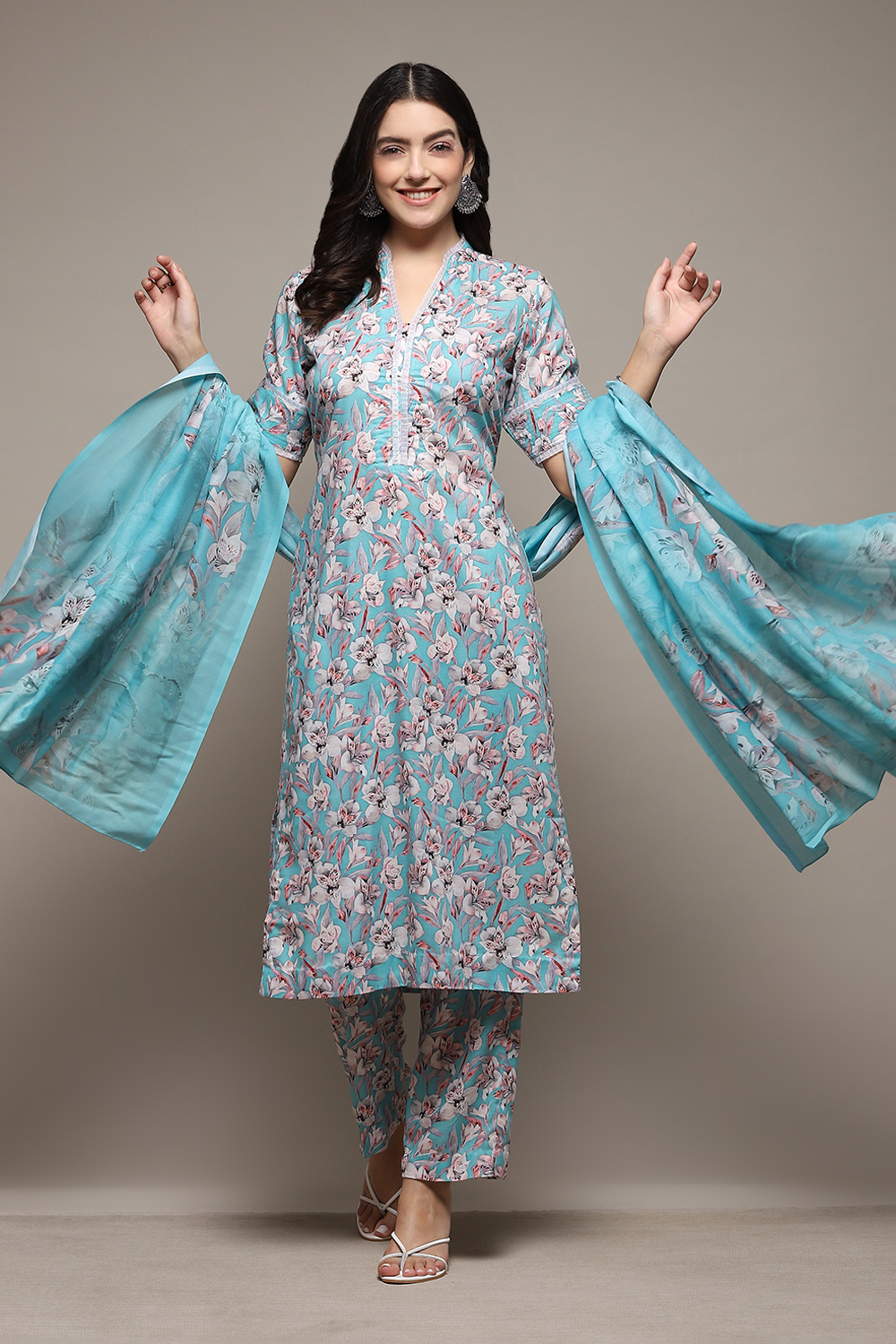 Light Blue Cotton Blend Digital Print Unstitched Suit Set image number 1