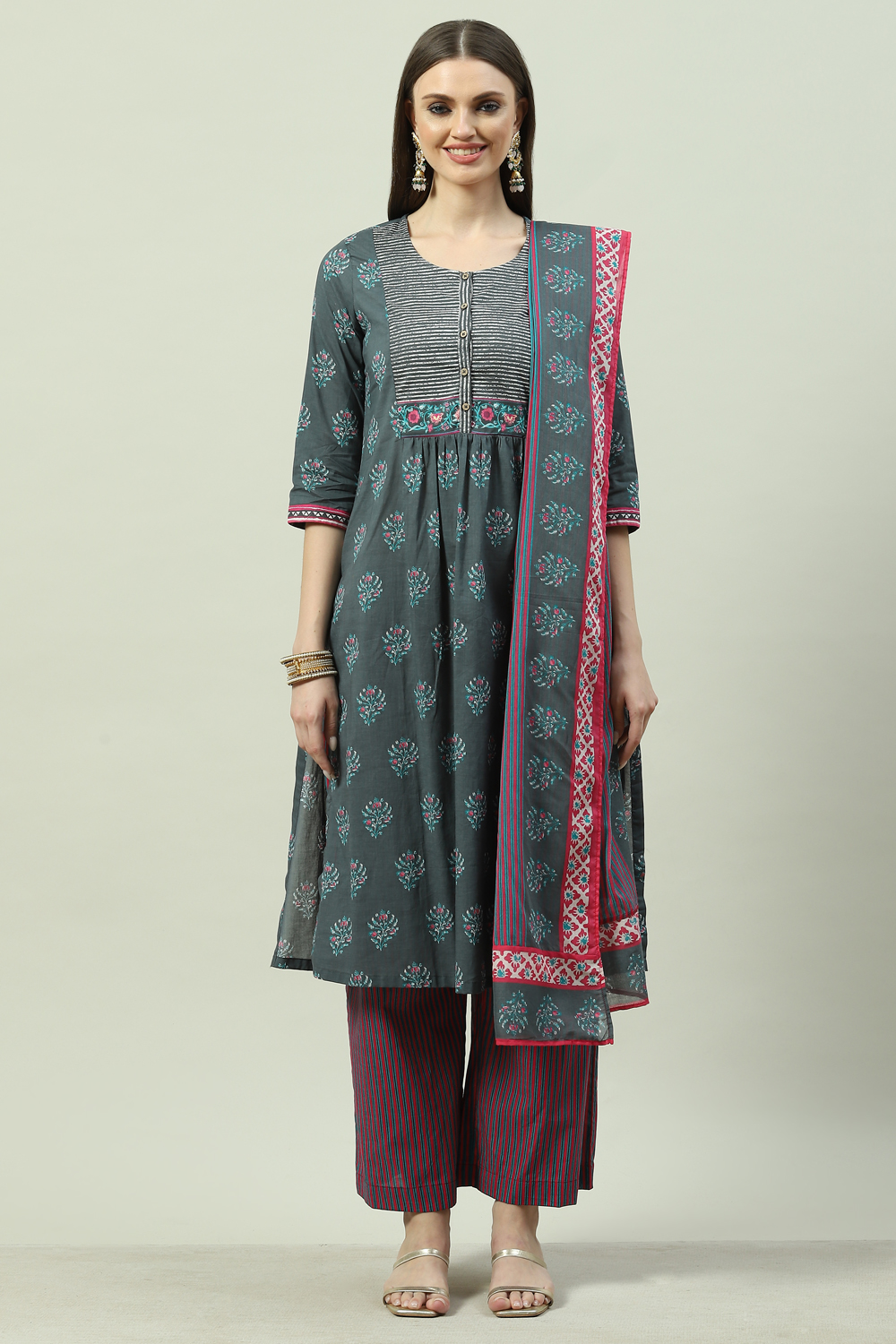 Teal Cotton Straight Kurta Palazzo Suit Set image number 5