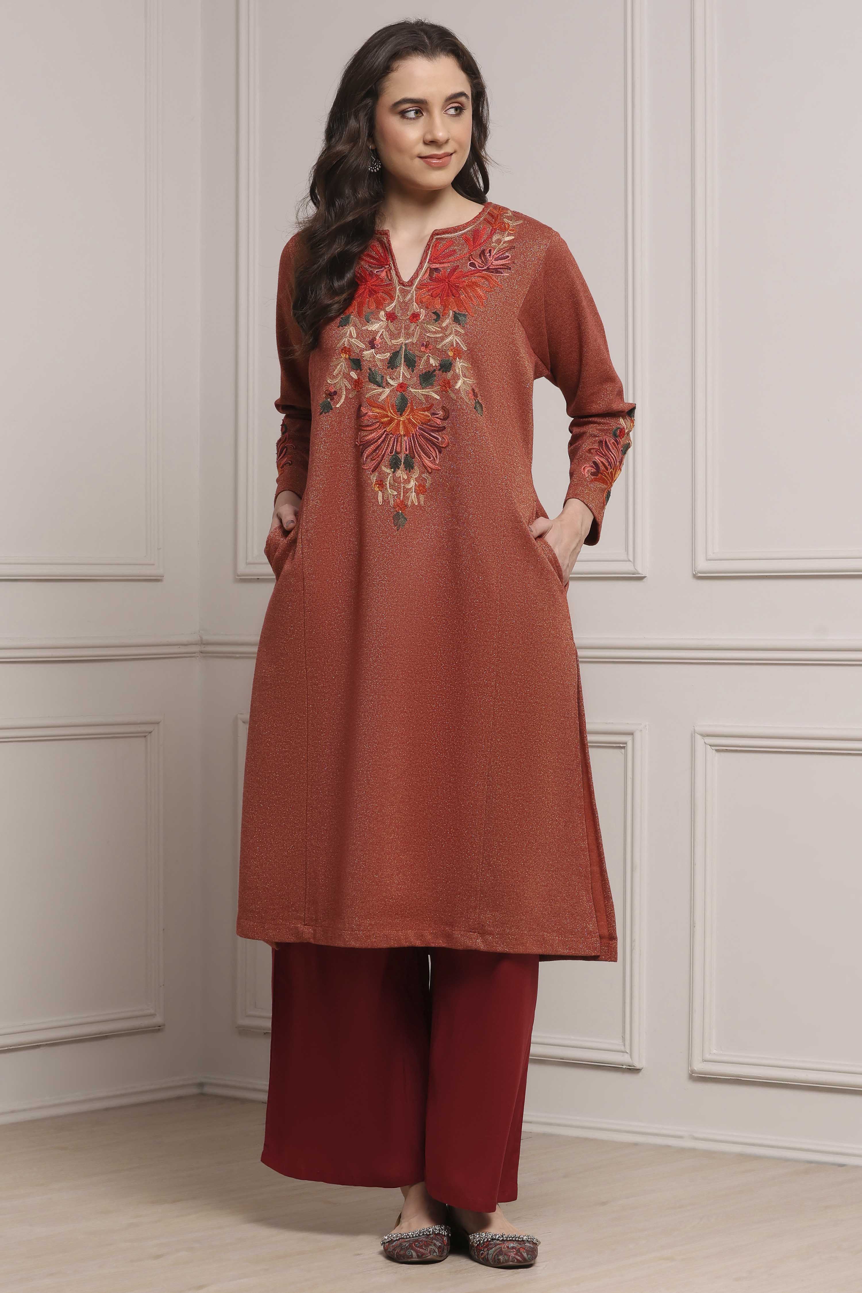 Rust Polyester Yarndyed Straight Kurta image number 0
