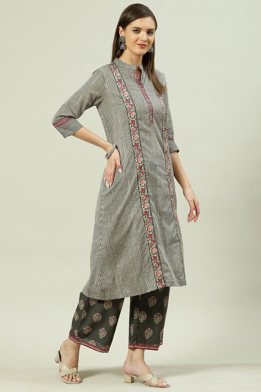 Buy Dark Grey Printed Cotton A-Line Kurta Palazzo Suit Set for INR1499 ...