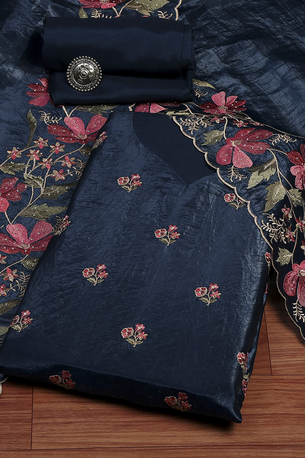 Navy Blue Tissue Machine Embroidered Unstitched Suit Set image number 0
