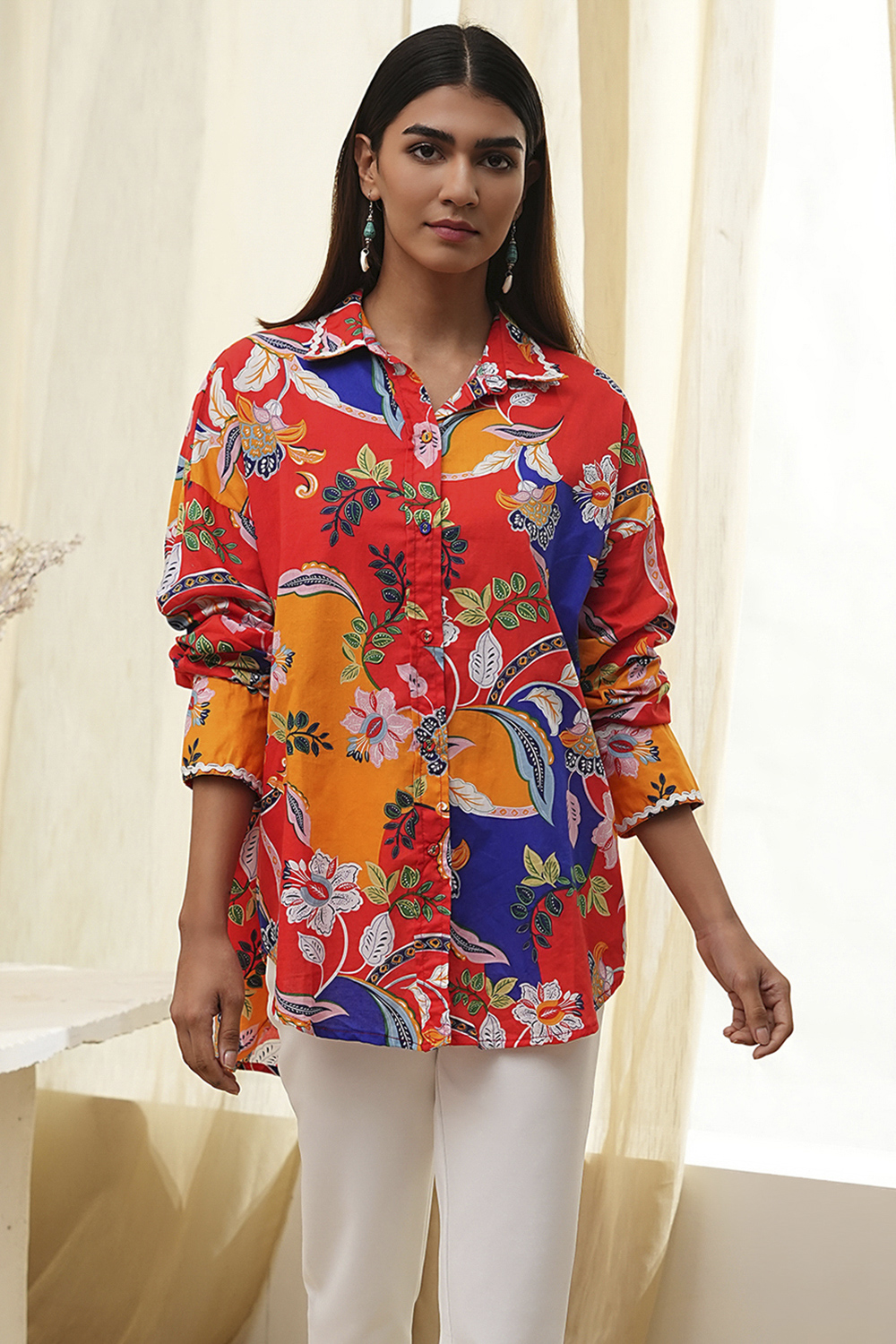 Orange Cotton Floral High-Low Shirt image number 5