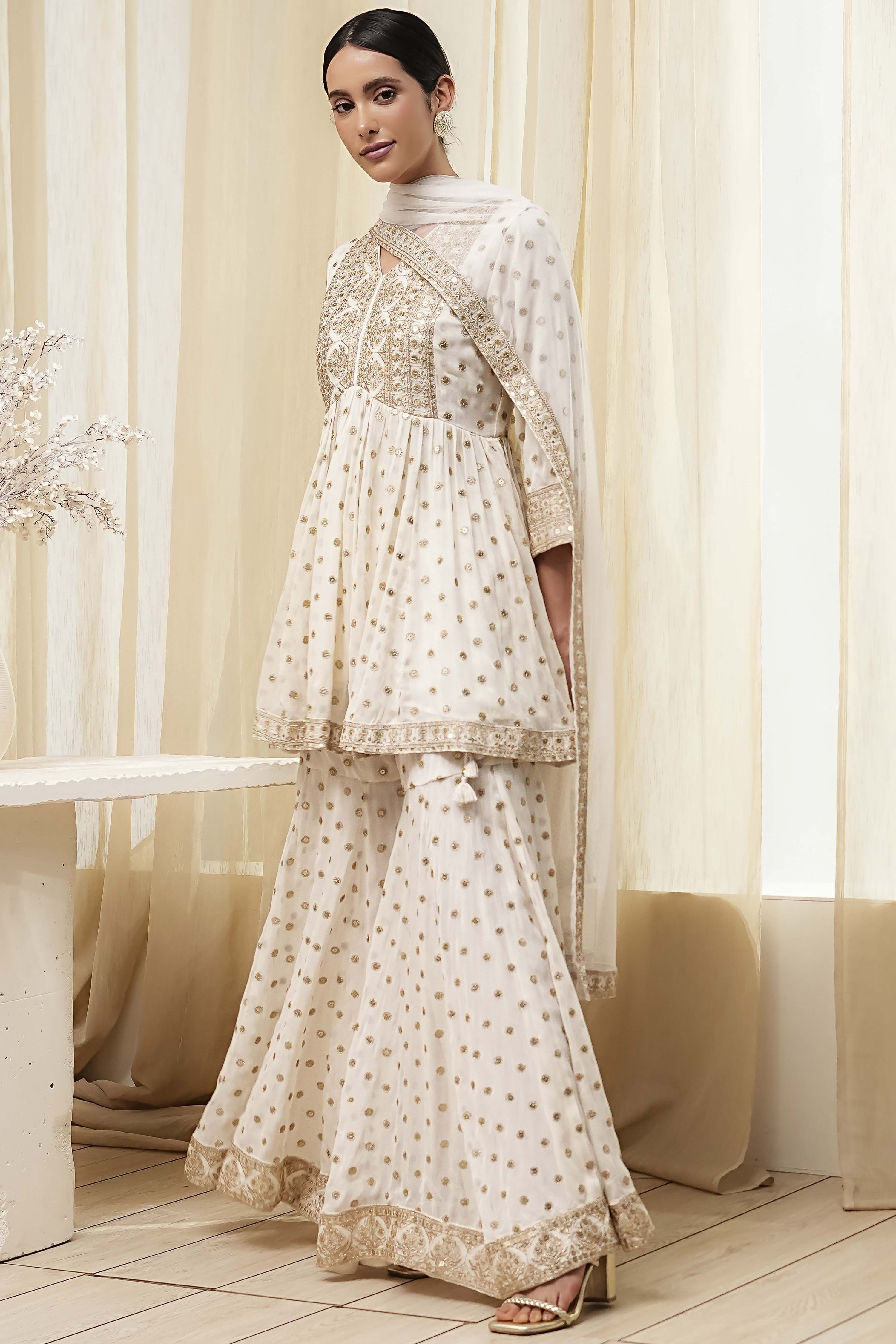 Ivory Georgette Embroidered Peplum Suit Set image number 4