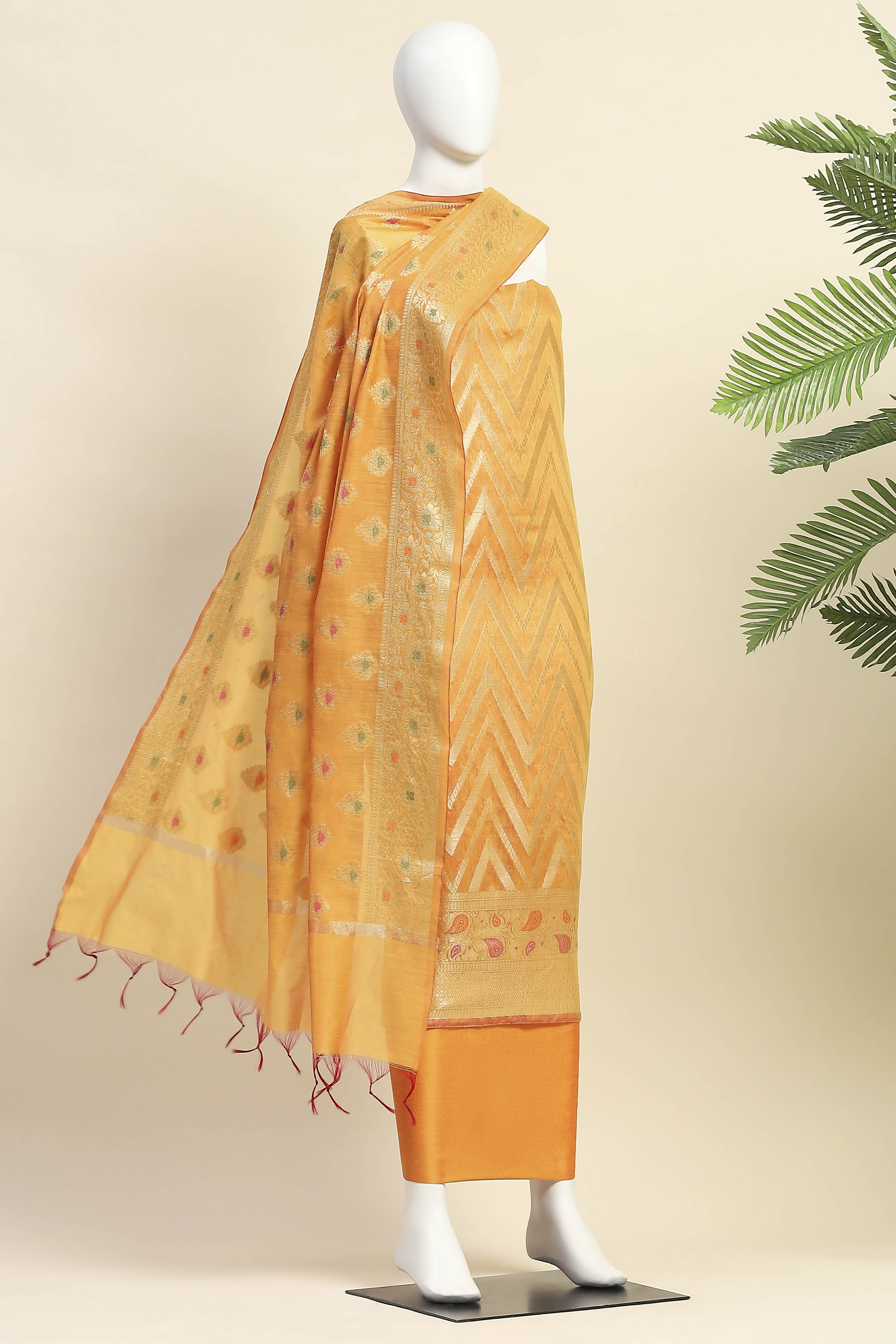 Red Cotton Printed Embroidered Unstitched Suit Set image number 4
