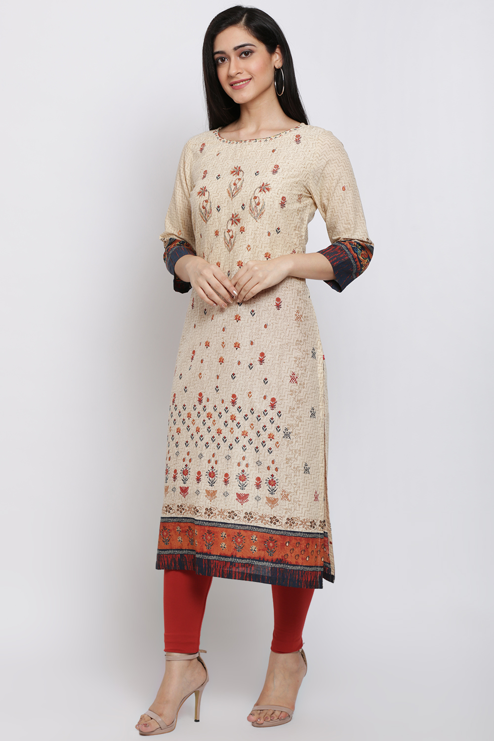 Cream Cotton Straight Printed Kurta image number 2