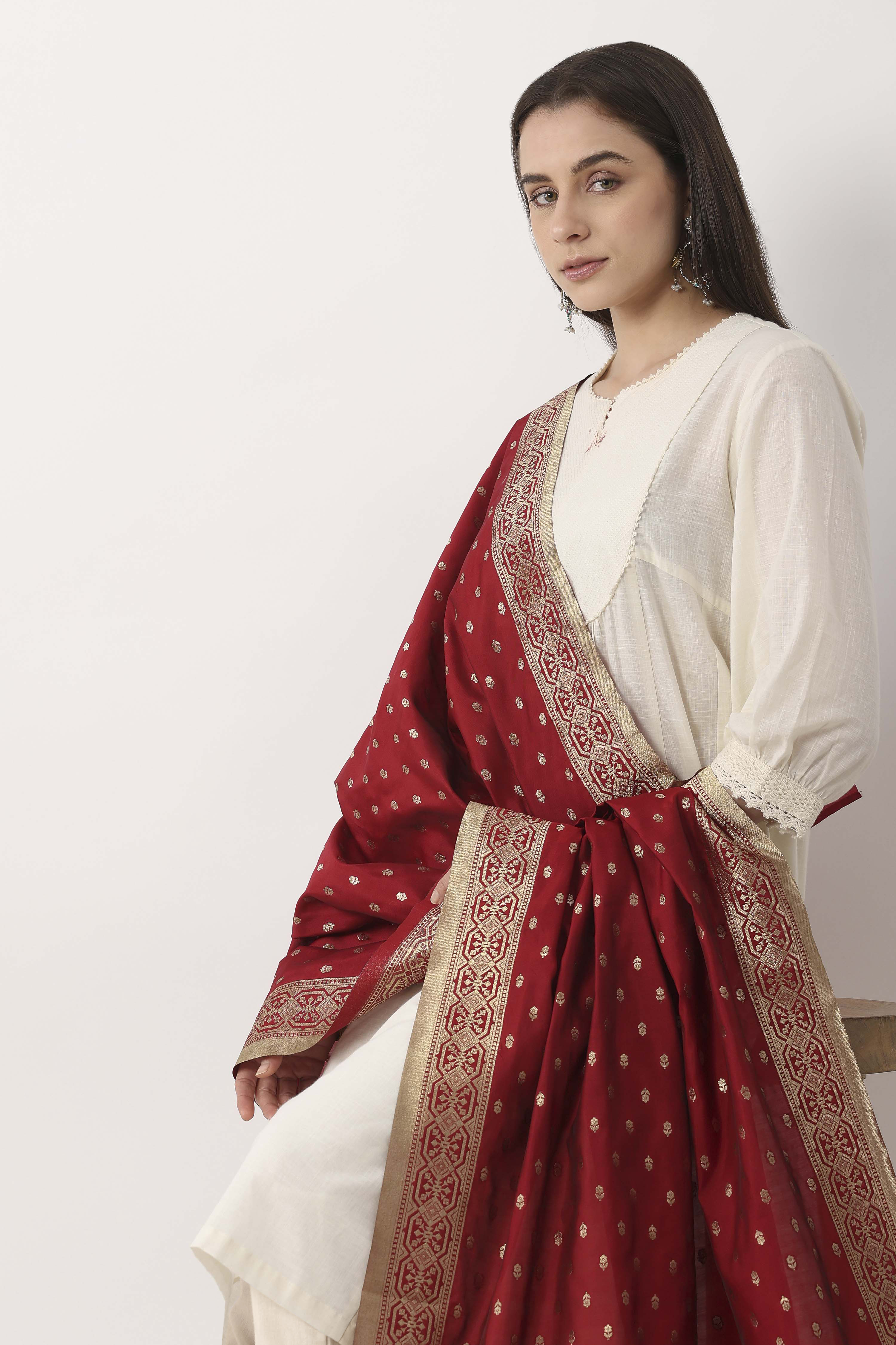 Maroon White Art Silk Dupatta image number 1