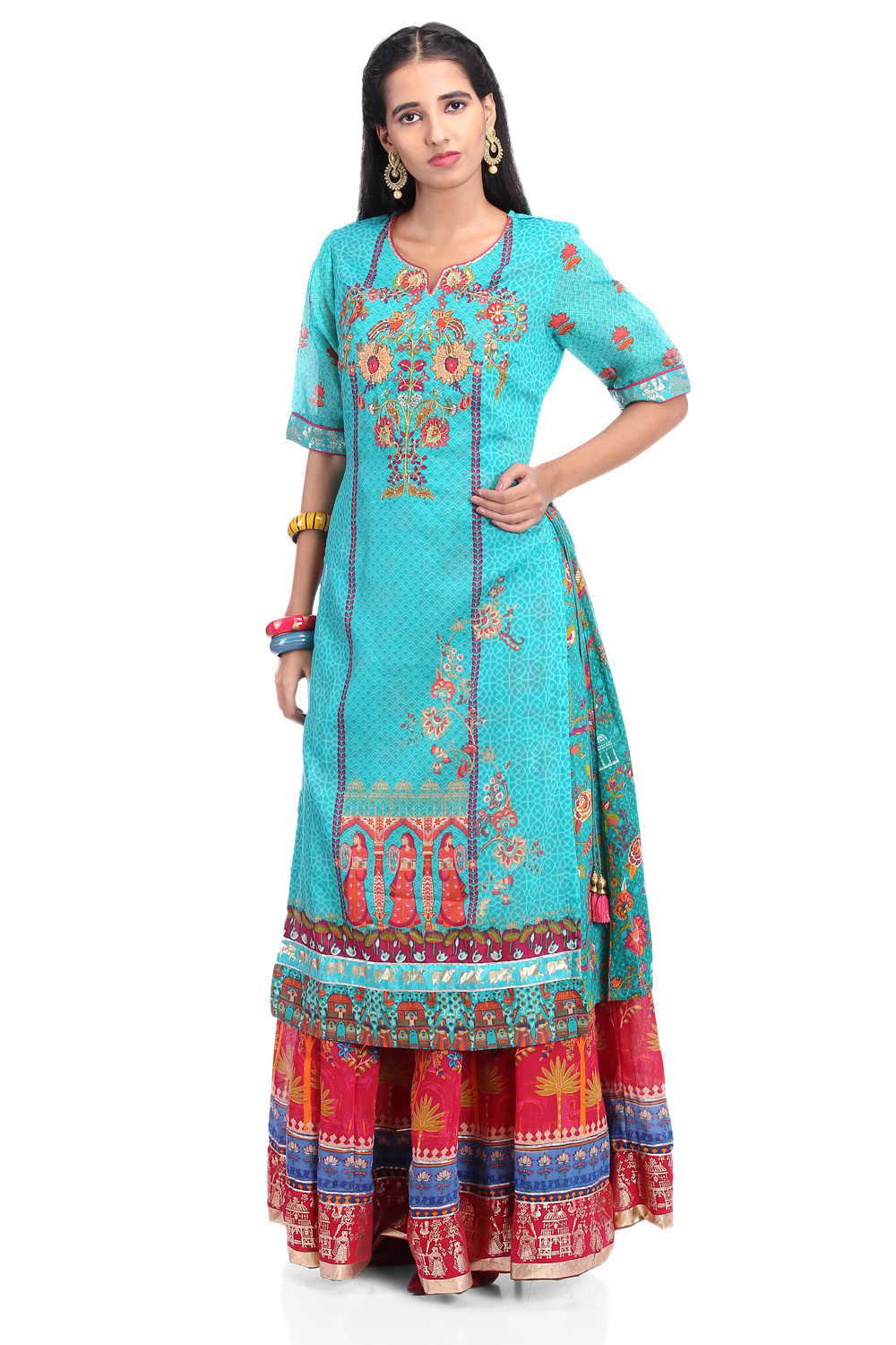 Teal Blue Art Silk A-Line Printed Kurta image number 0