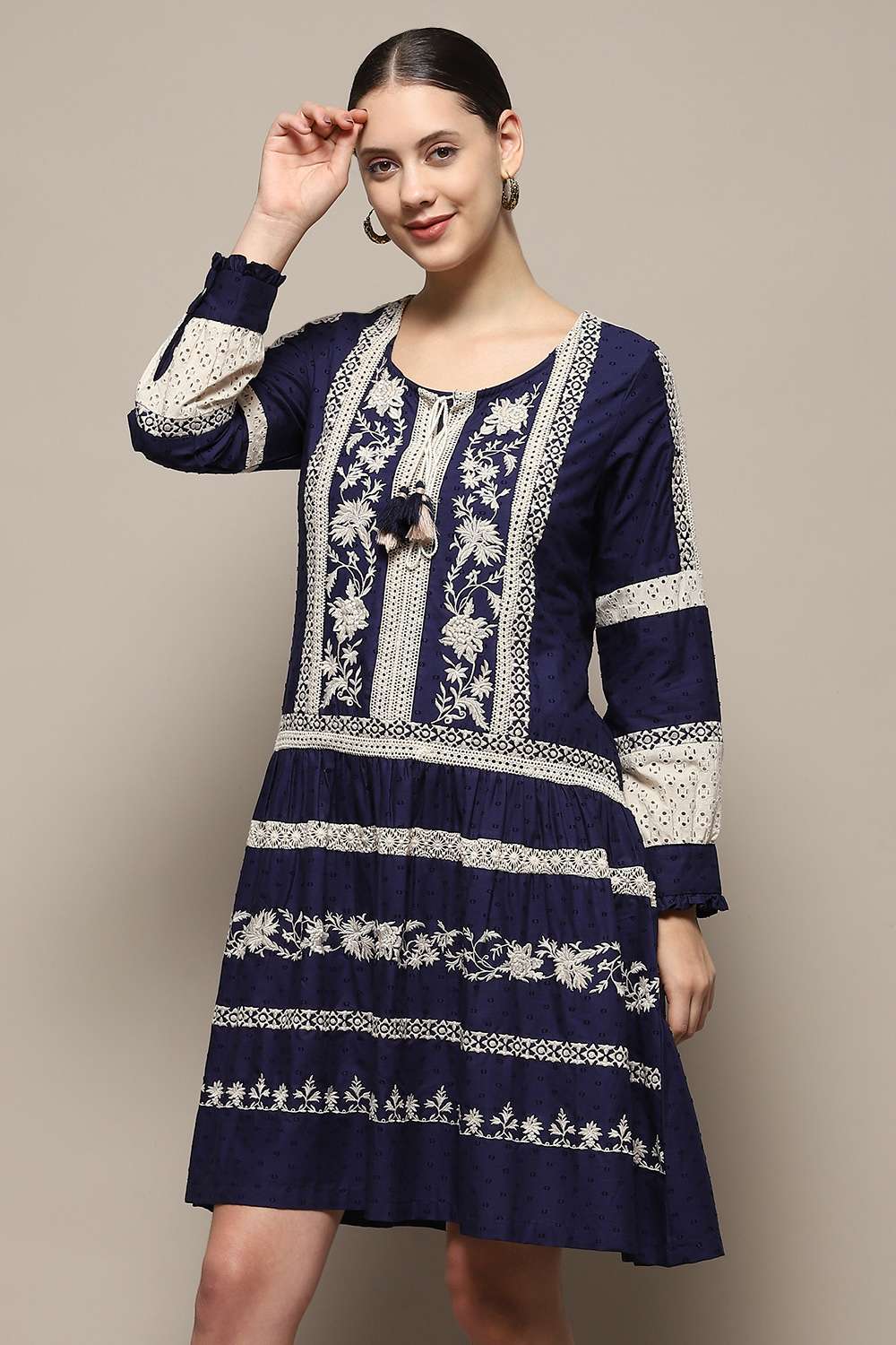 Indigo Pure Cotton Embroidered Flared Dress image number 2
