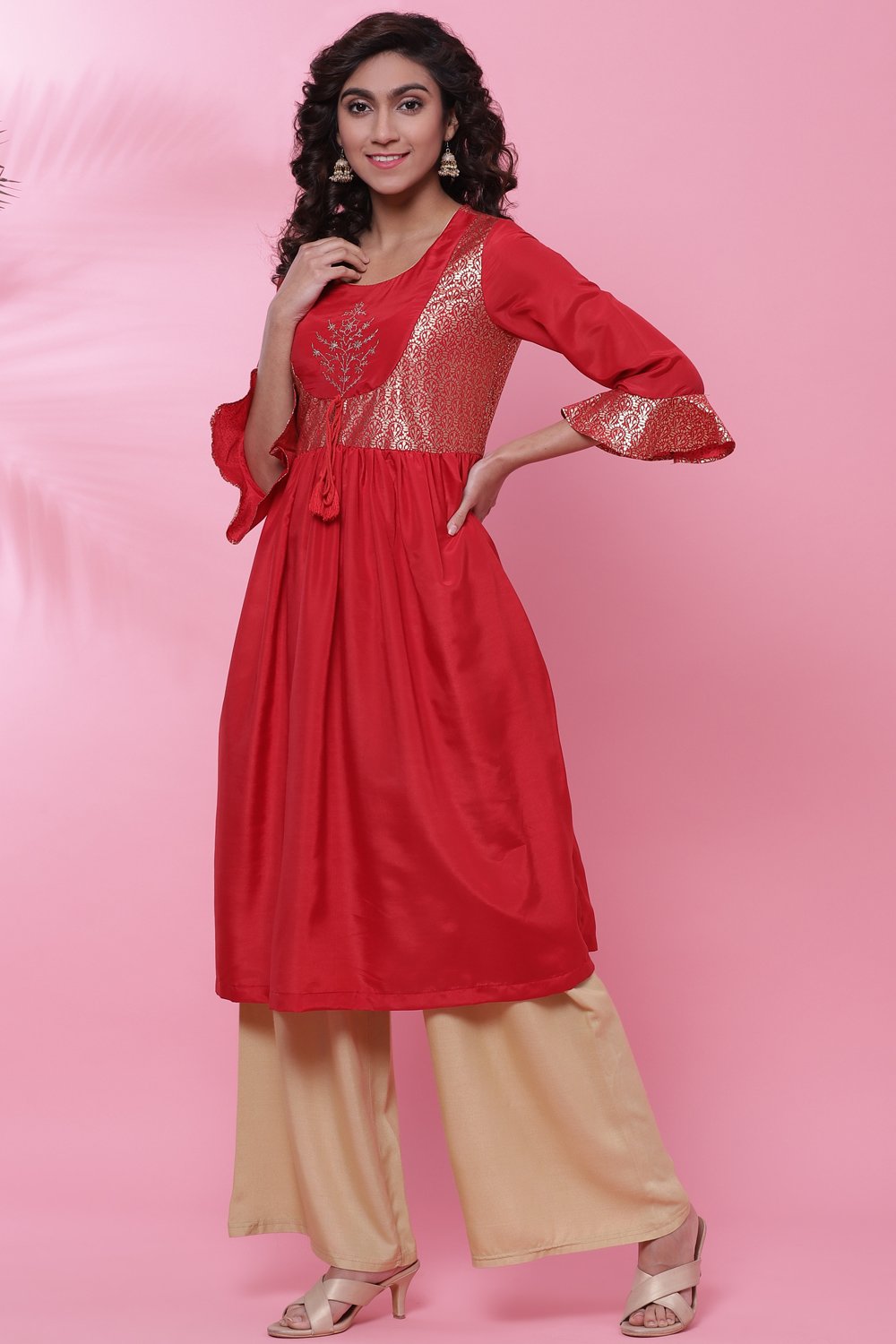 Red Art Silk Flared Kurta image number 2