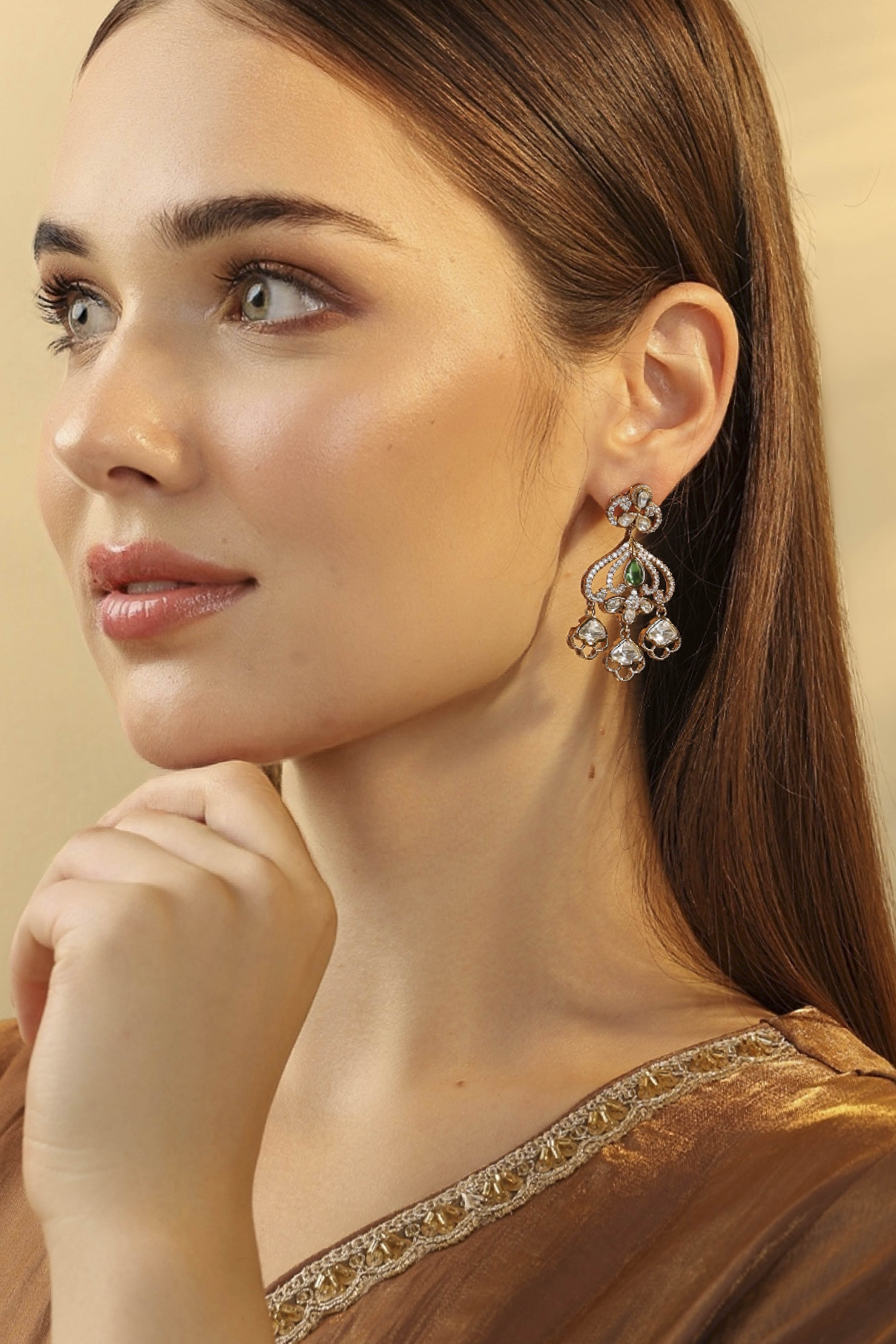 Green Brass Gold-Plated Drop and Dangler Earrings image number 3