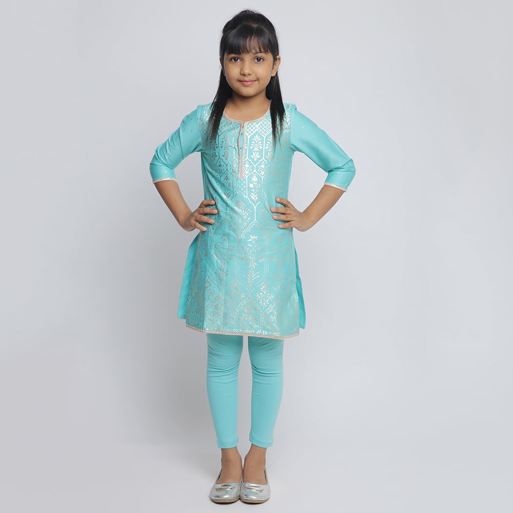 Turquoise Cotton Straight Kurta Legging Suit Set image number 2