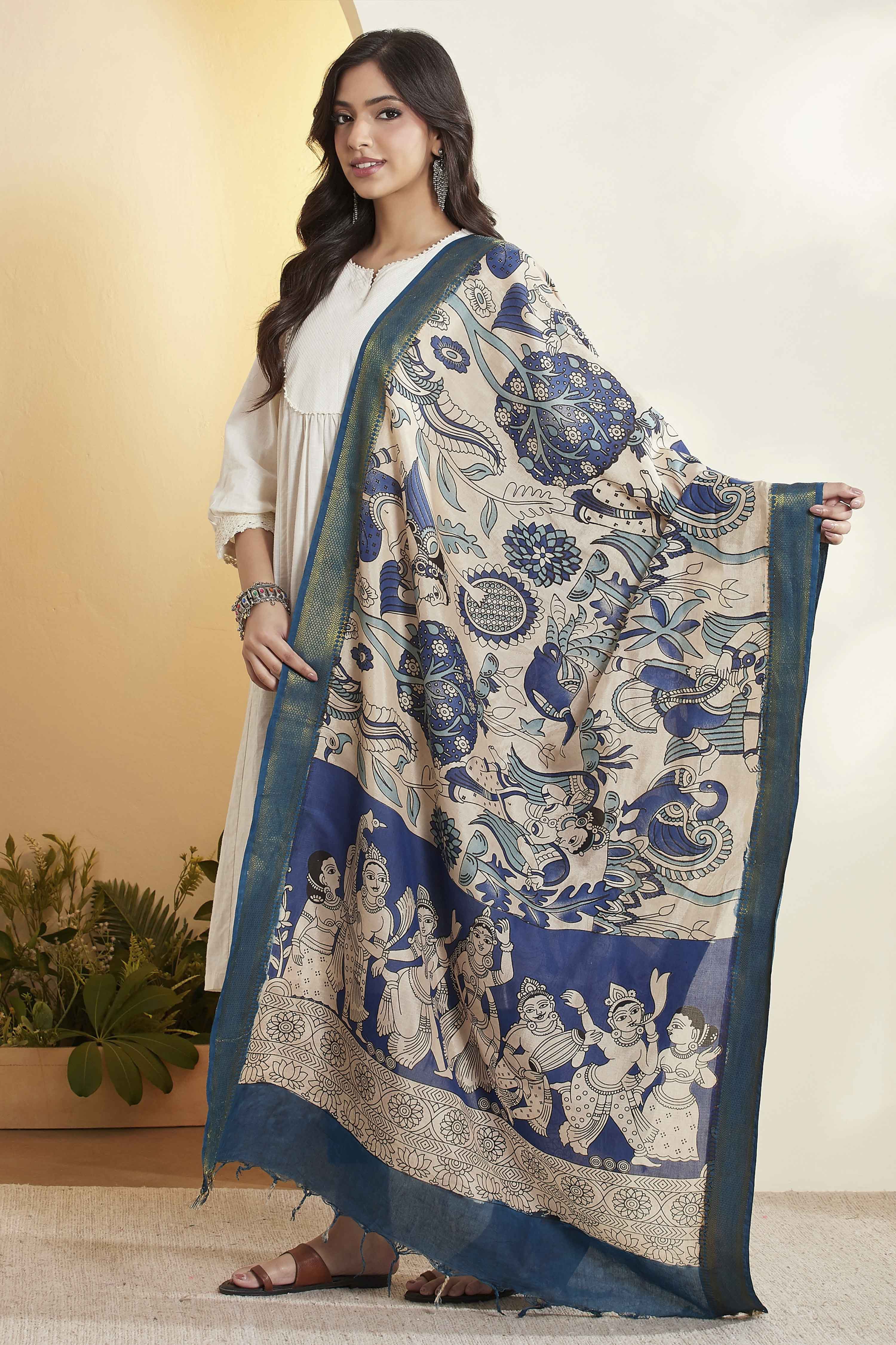 Blue Chennur Silk Printed Dupatta image number 3