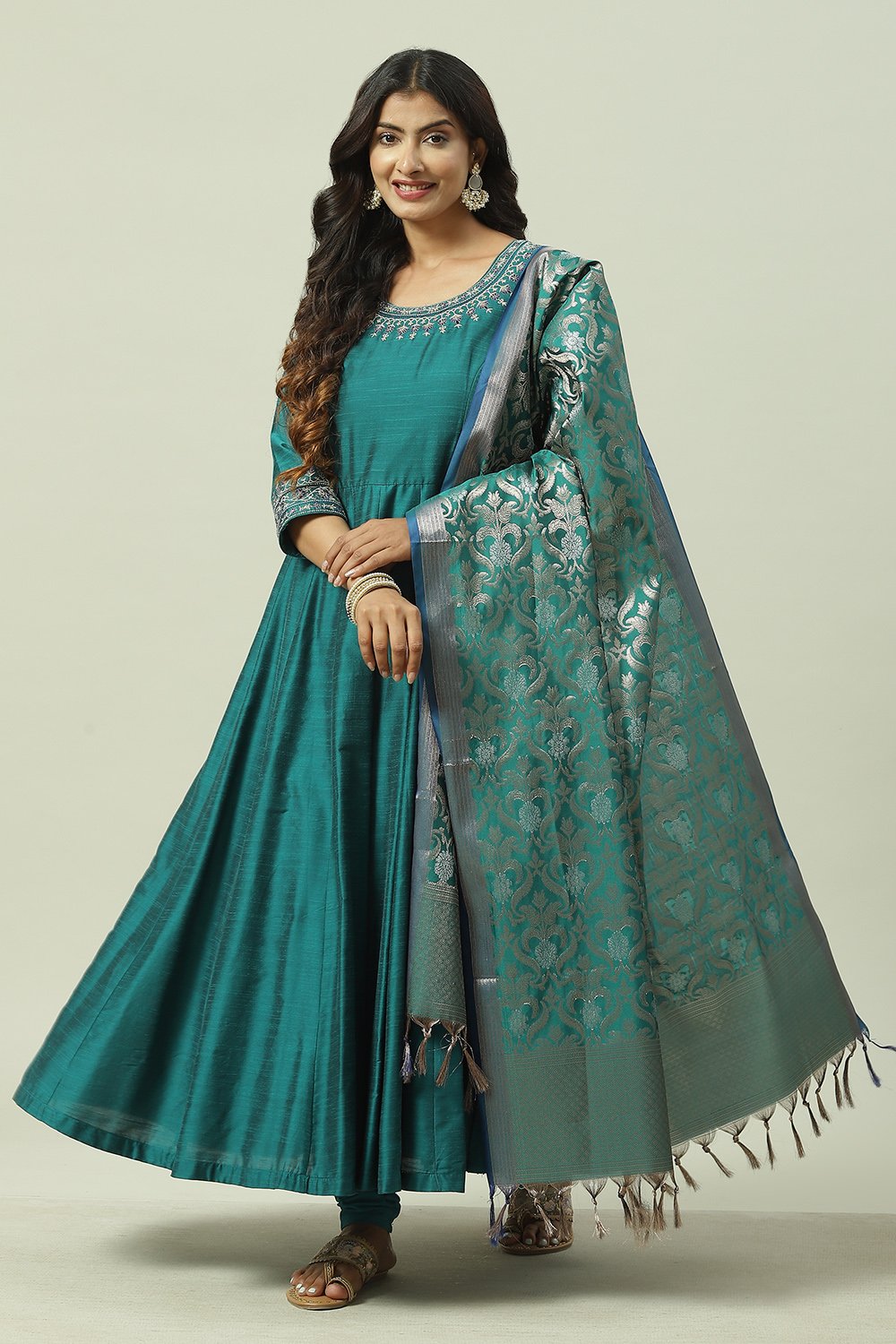 Teal Poly Viscose Anarkali Kurta Churidar Suit Set image number 0