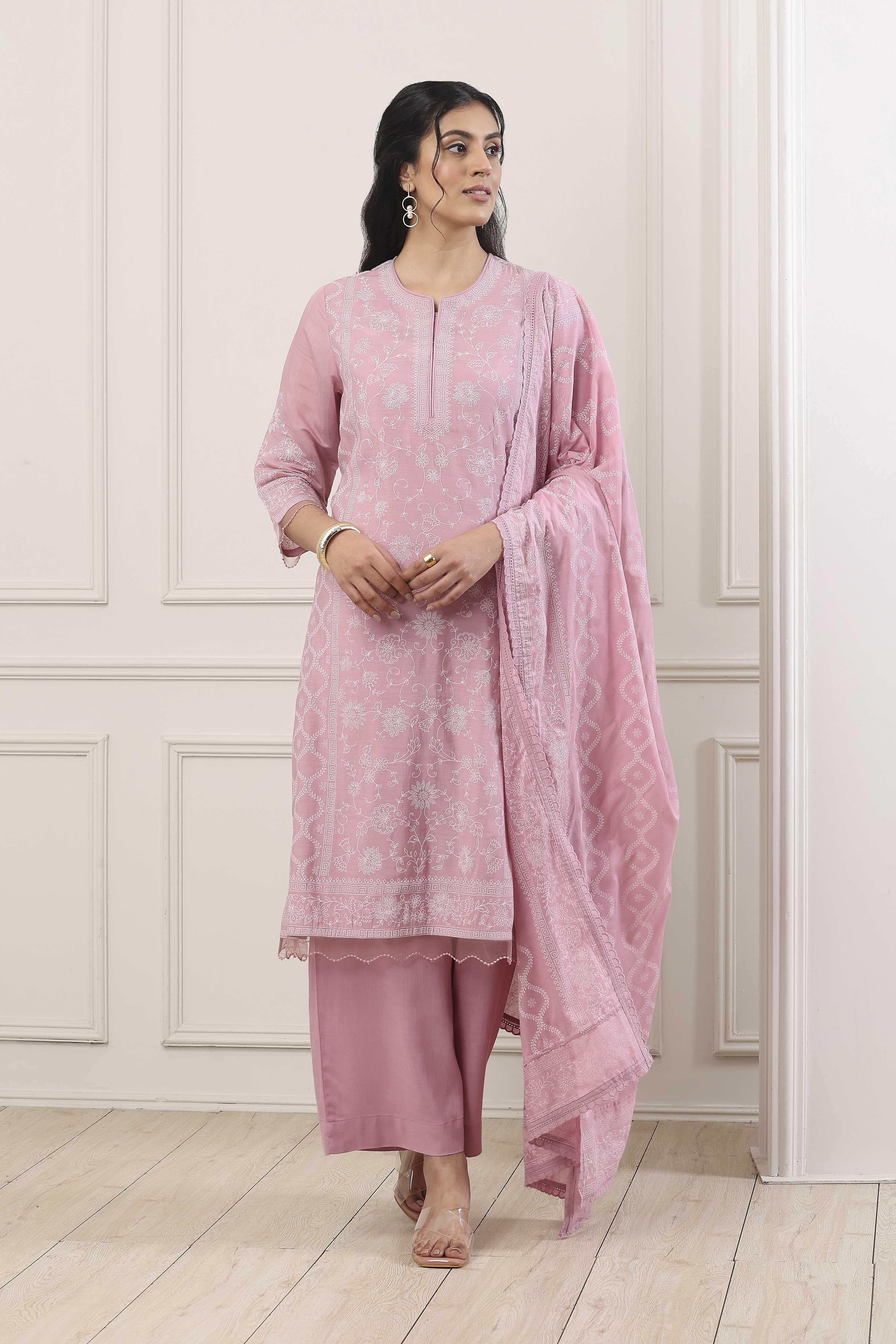 Pink Chanderi Lace Trim Floral Straight Suit Set image number 7
