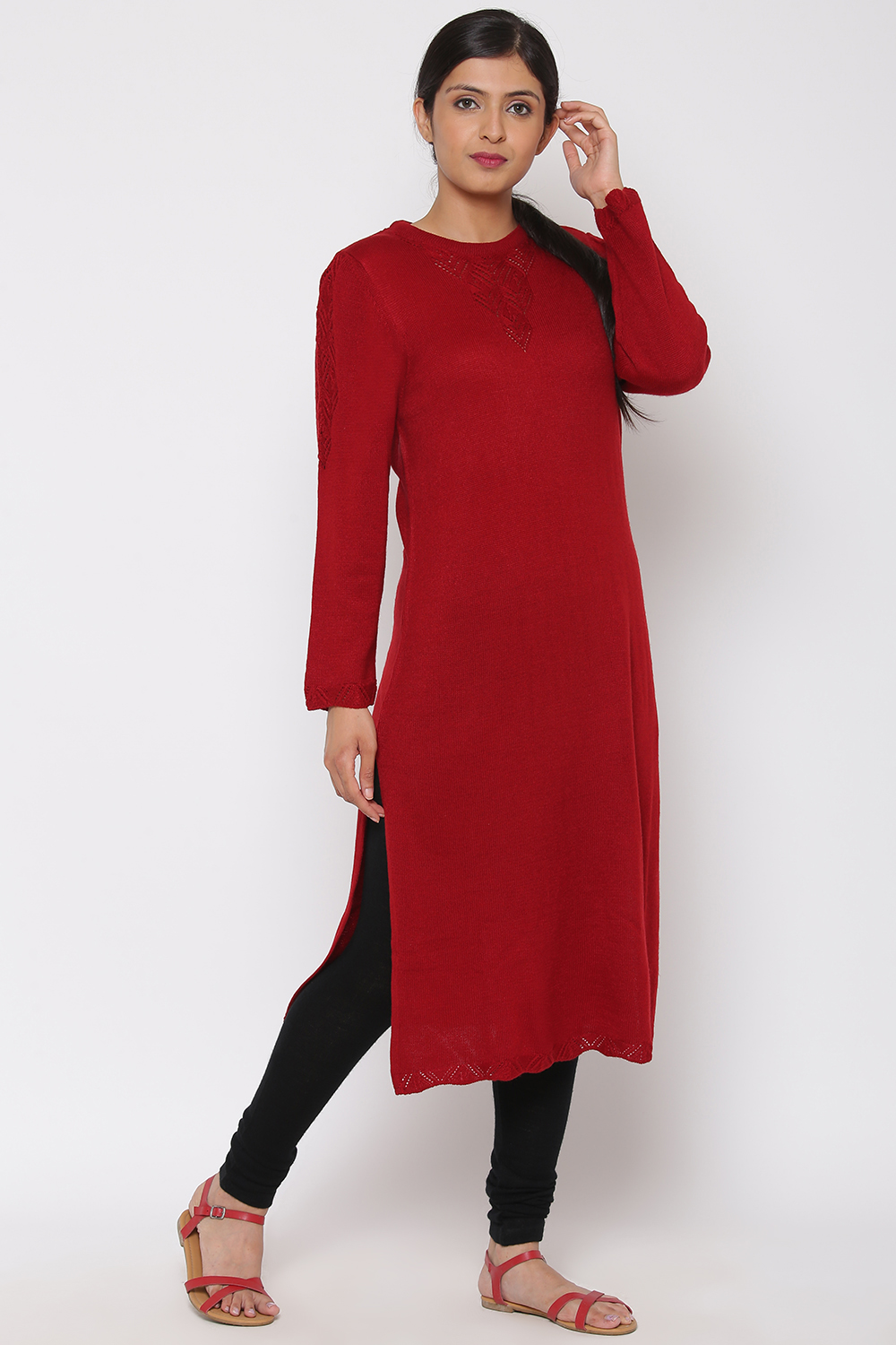 Red Straight Woolen Yarndyed Kurta image number 3