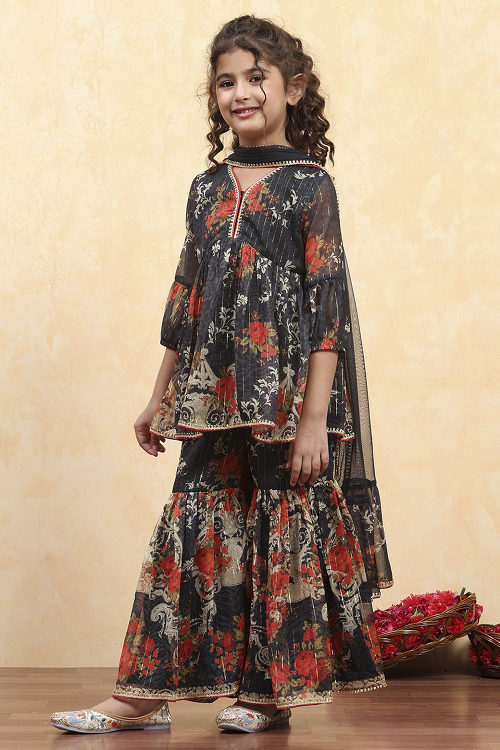 Black Polyester Floral Printed Peplum Sharara Kurta Set image number 3
