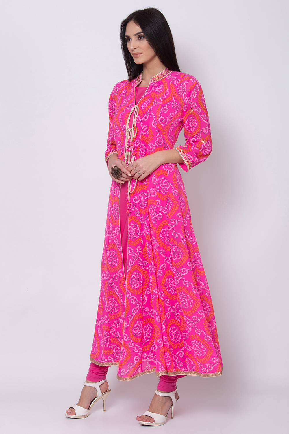 Pink Art Silk Front Open Kurta Churidar Suit Set image number 4