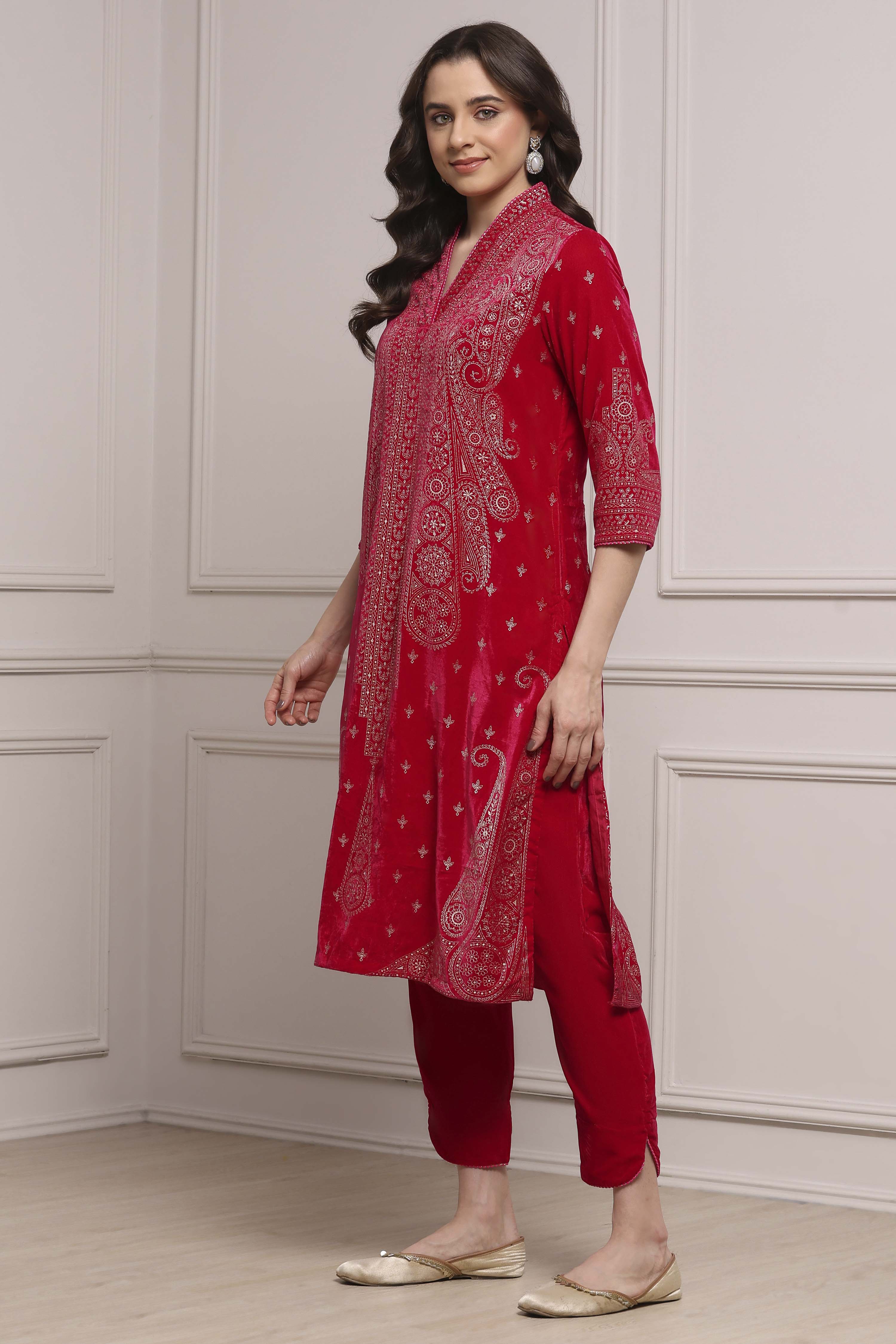 Pink Polyester Straight Printed Kurta Pants Set image number 3