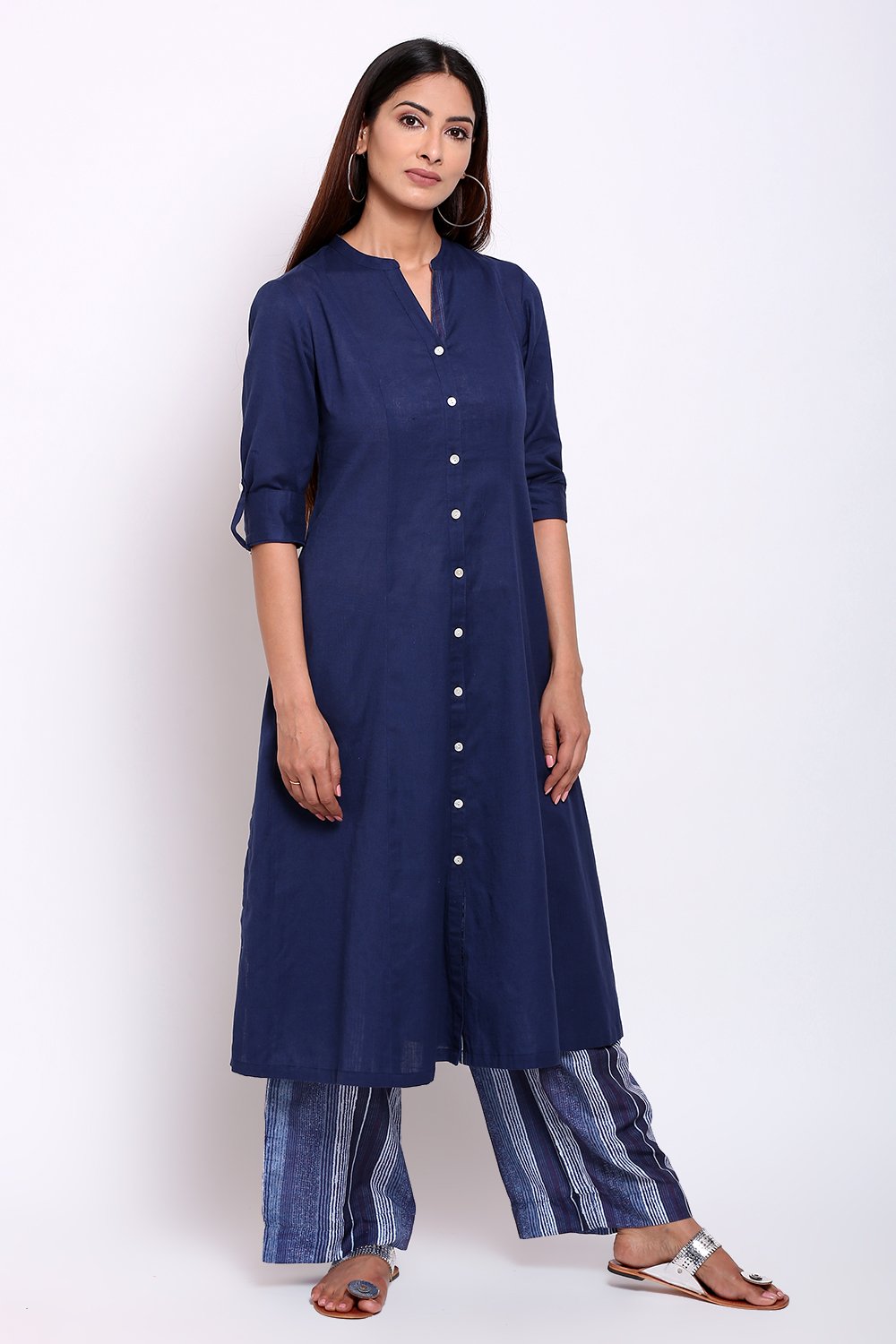 Navy Blue Cotton Flax A-Line Kurta Palazzo Suit Set image number 4