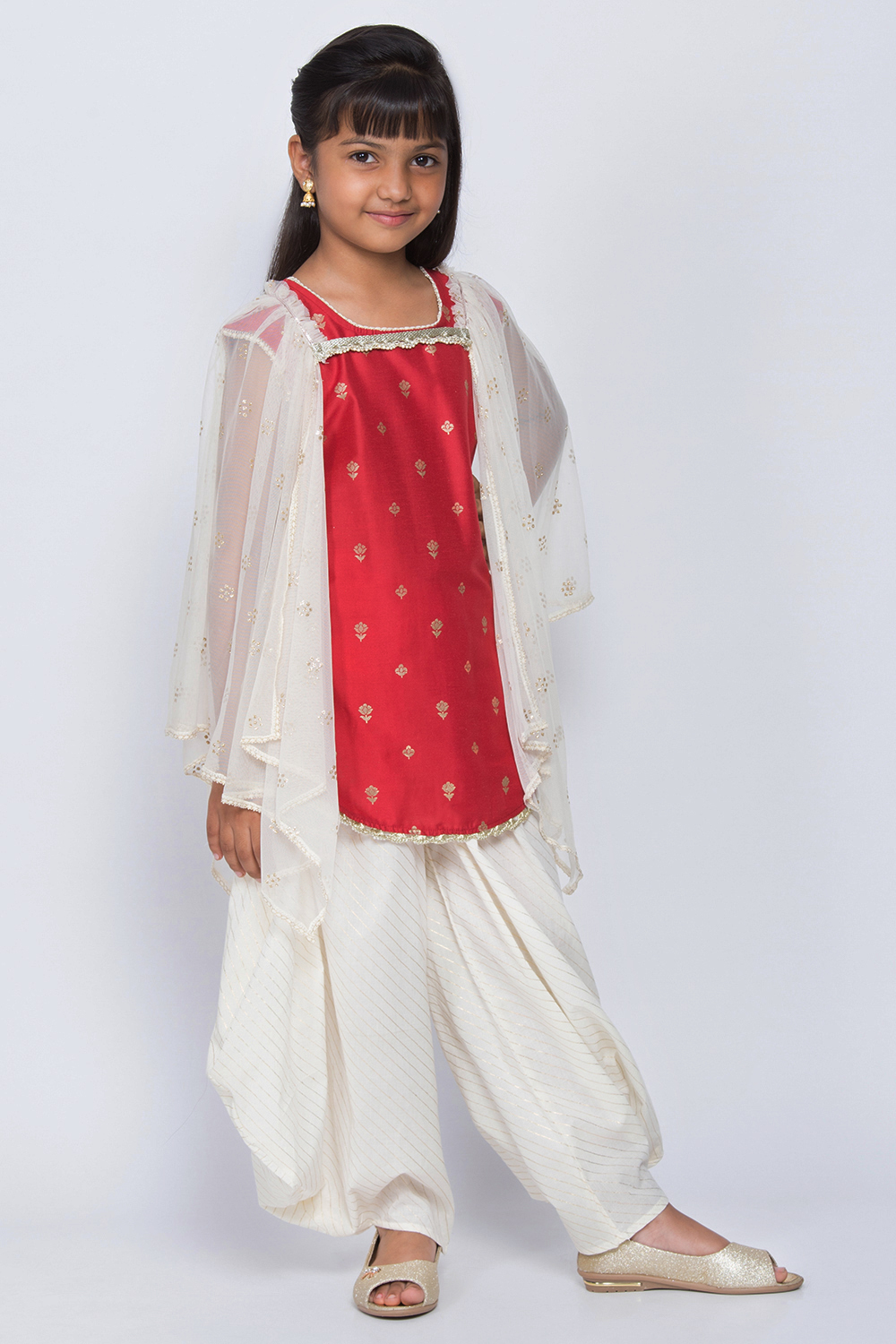 Red And Off White Cotton Silk Straight Kurta Dhoti Pant Suit Set image number 2