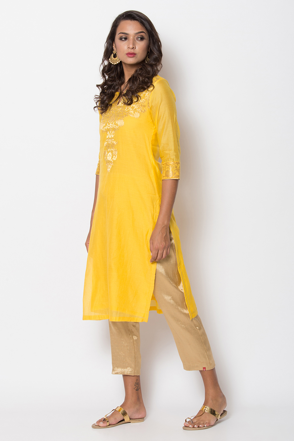 Yellow Poly Metallic Cotton Straight Yarndyed Kurta image number 3