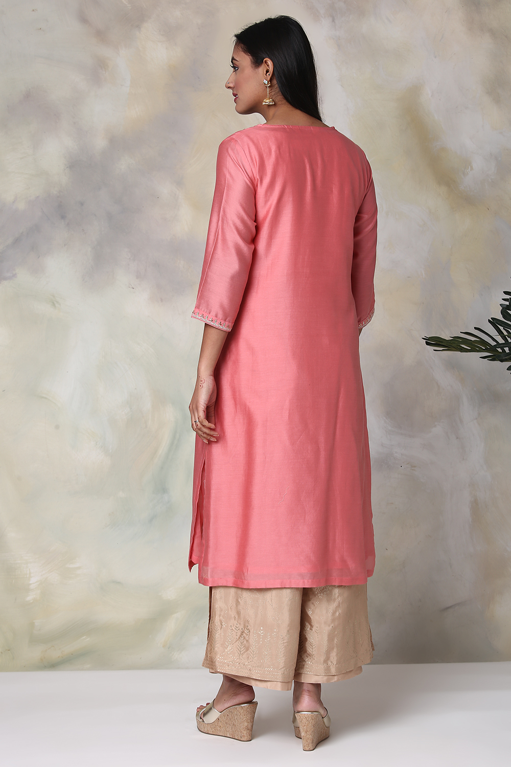 Peach Cotton Silk Straight Yarndyed Kurta image number 5