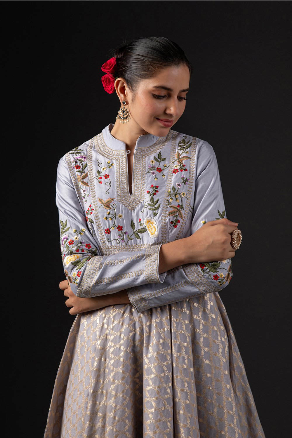 Rohit Bal Blue Cotton Silk Anarkali Embroidered Suit Set image number 1