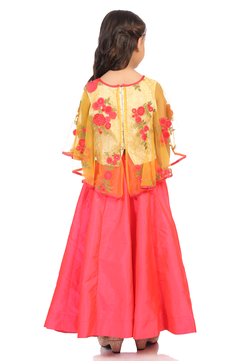 Yellow and Coral  Nylon Art Silk Lehenga Set image number 4