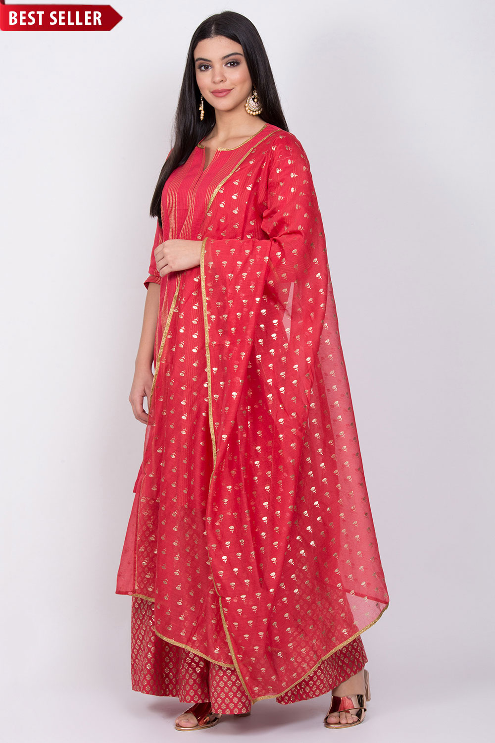 Red Cotton Straight Kurta Sharara Suit Set image number 0
